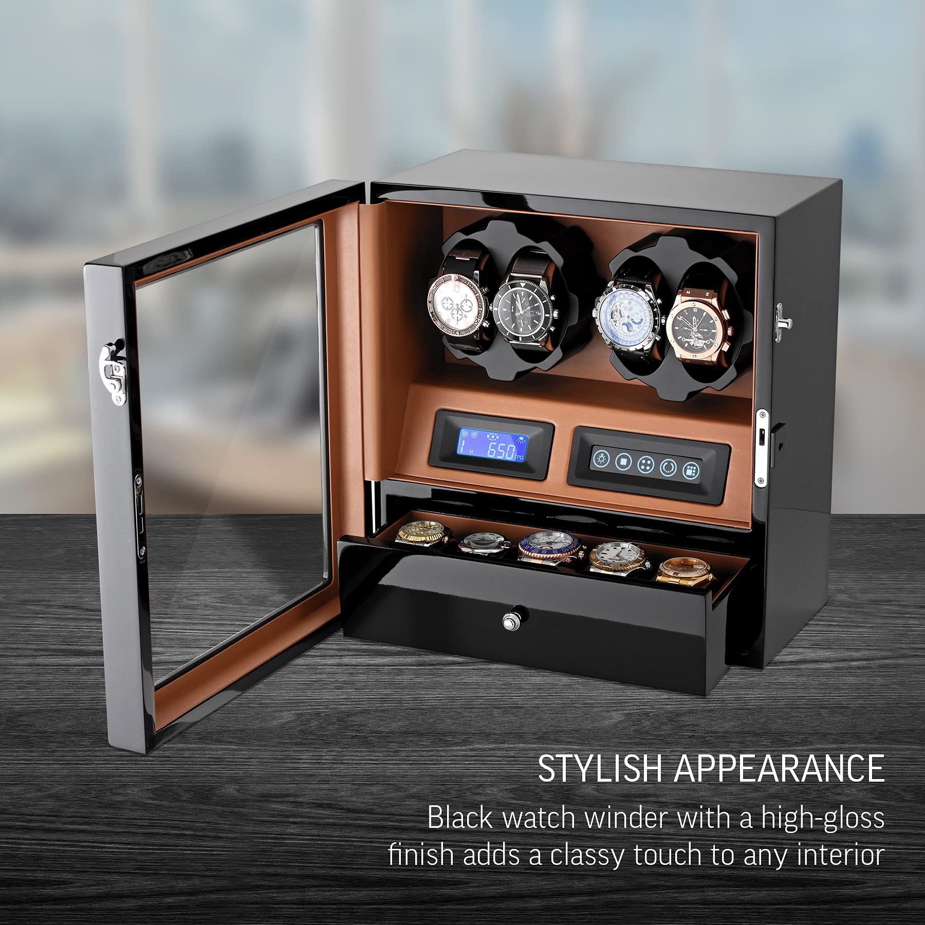 4 Watch Winder with 5 Watch Storage Space - Automatic Watch Winder Box with LCD Display, Touch Control & LED Light for Automatic Watches - Perfect for Watch Collectors & Luxury Watch Storage at Home or Office