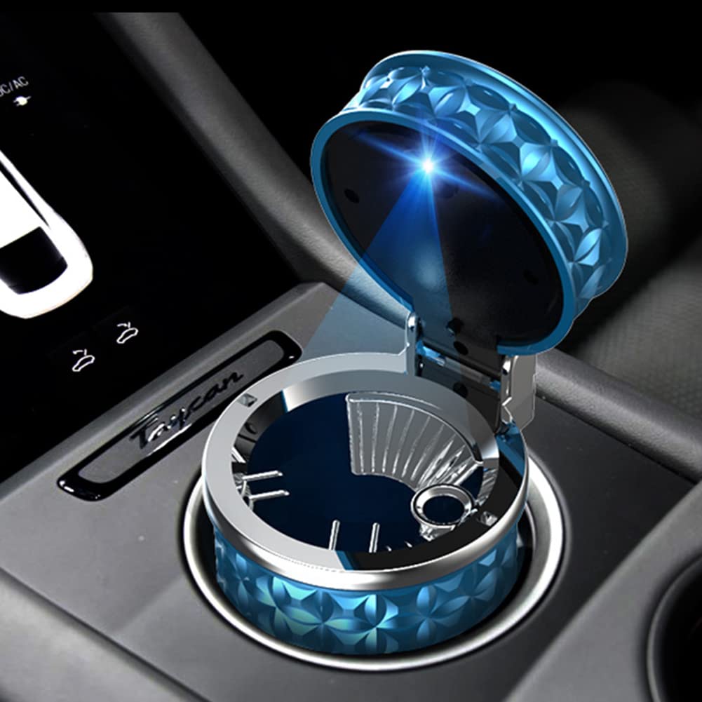 Portable Car Ashtray with Lid - Windproof & Smell Proof Mini Trash Can for Cars, Universal Car Holder Accessory with Blue LED Light Indicator (White & Purple Crystal Diamond Design) - Perfect for Road Trips, Commuting & Keeping Your Vehicle Clean
