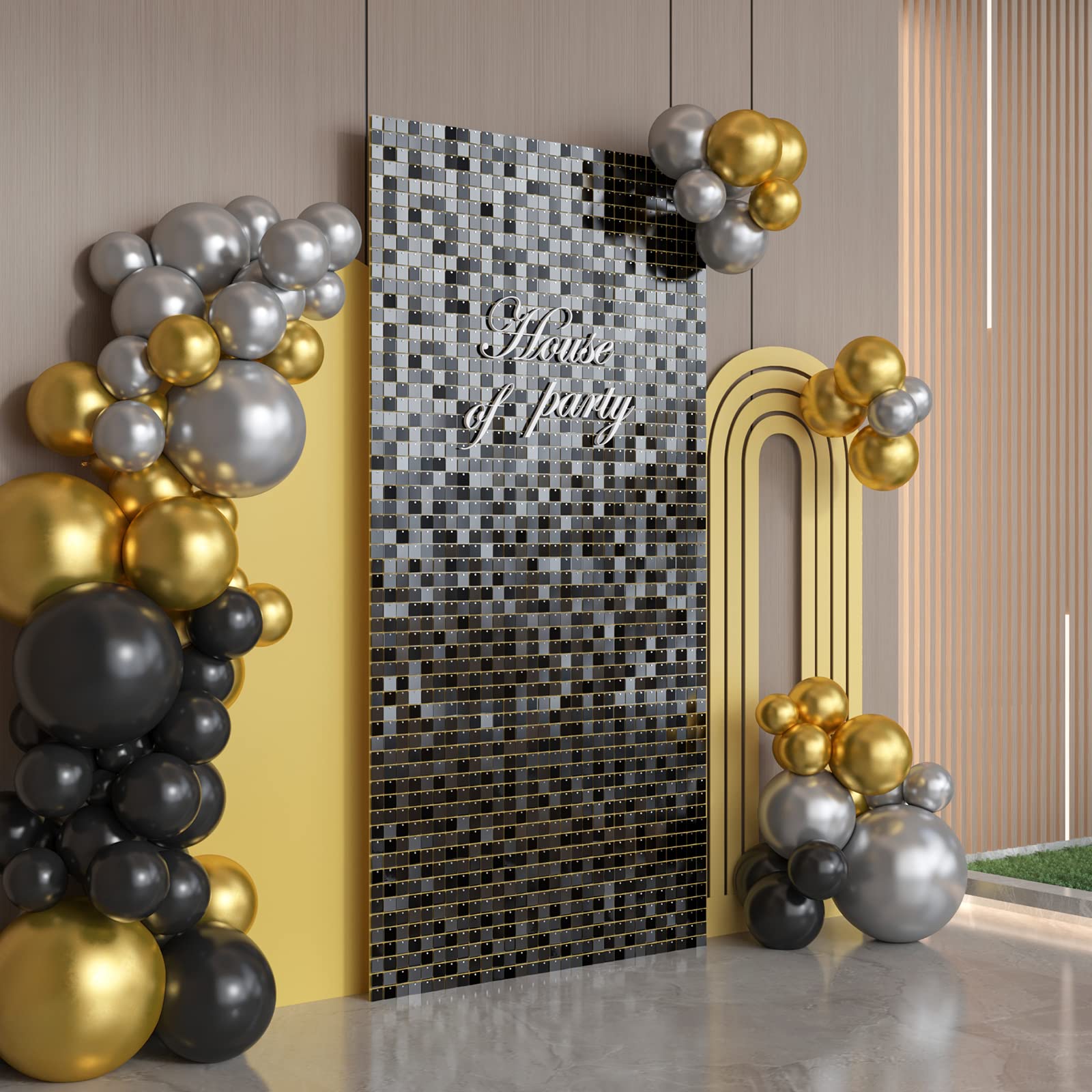 HOUSE OF PARTY Black Sequin Wall Backdrop - 18 Panels Square Shimmer Backdrop for Birthday, Wedding, Anniversary, Engagement, Baby Shower & Bachelorette Party Decor | Perfect for Photo Booths, Stage Backgrounds & Event Decorations