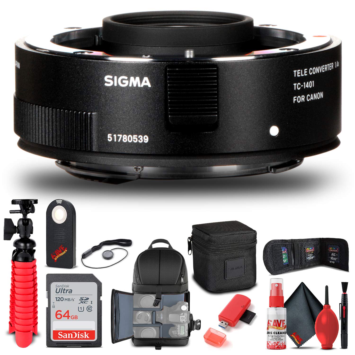 Sigma TC-1401 1.4X Teleconverter for Canon EF Lenses (879101) - Complete Bundle with Backpack, 64GB SD Card, Card Reader, Cleaning Kit, Flexible Tripod, Memory Wallet, IR Remote & Lens Cap Keeper - Perfect for Wildlife, Sports & Portrait Photography