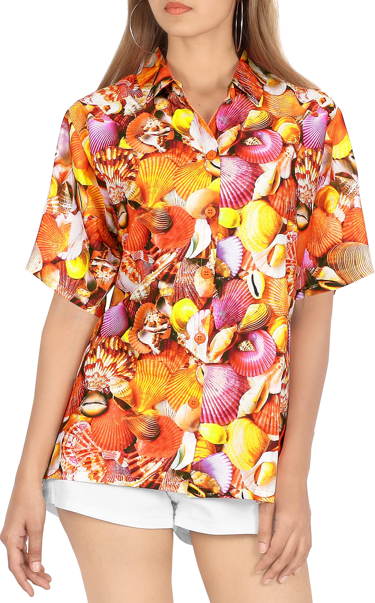 Happy Bay Women's Hawaiian Short Sleeve Beach Blouse - Floral Print Vacation Shirt for Tropical Getaways, Summer Parties & Beach Outings