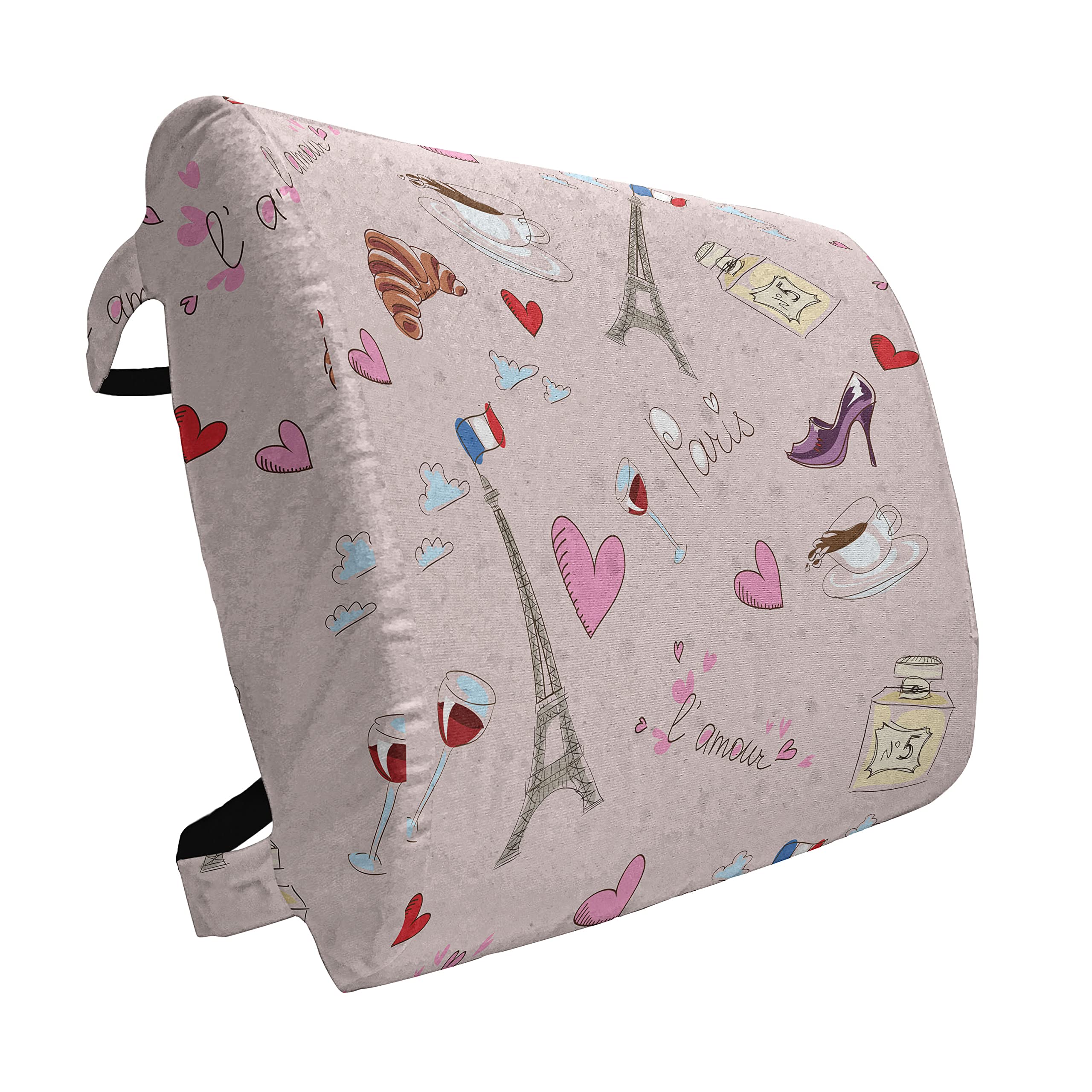 Ambesonne Paris Lumbar Support Pillow - French Flag Design with Coffee, Croissant & Wine Motifs - High Density Foam for Office Chair & Car Seat - 14x13 Inches Rose Color - Perfect for Home, Office & Travel Comfort