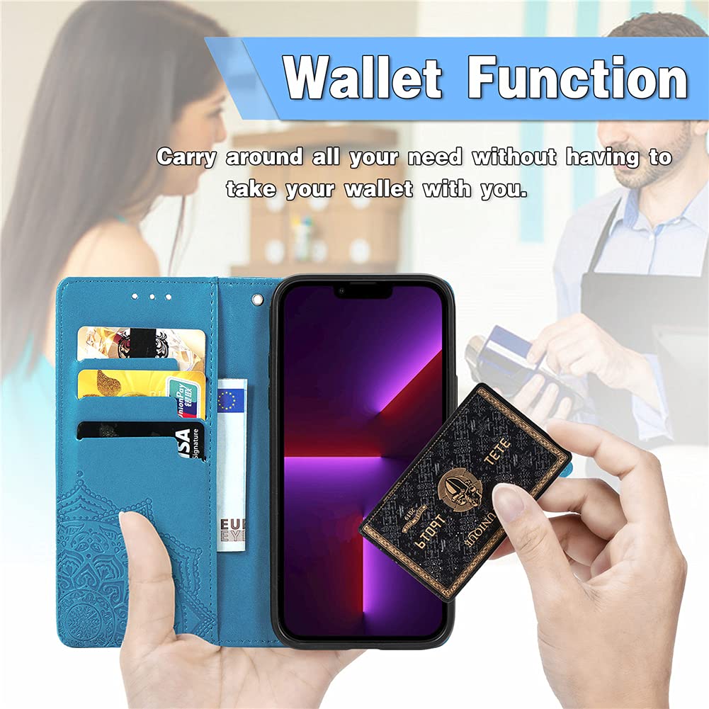 Apple iPhone 13 Pro Max Case - PU Leather Flip Wallet Cover with Card Holder & Kickstand | Mandala Embossed Design | Protective Phone Case for iPhone 13 Pro Max (Blue Mandala) | Perfect for Work, Travel & Everyday Use