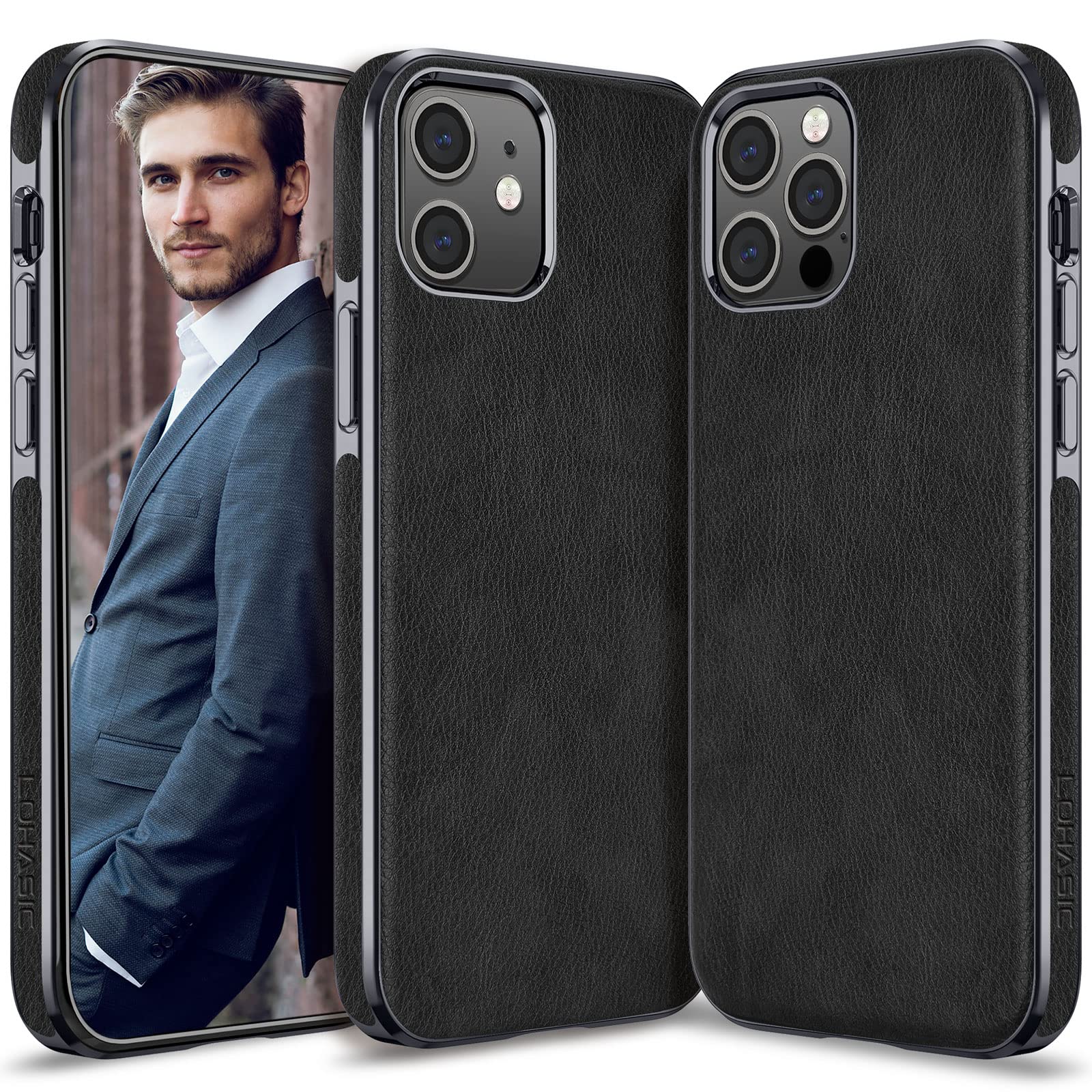 Premium Leather Case for iPhone 12 Pro/iPhone 12 - Luxury Slim Protective Cover with Shock-Absorbent TPU Bumper | Non-Slip Grip | Elegant Business Design for Men & Women (Black Grey) | Perfect for Office, Travel & Everyday Use