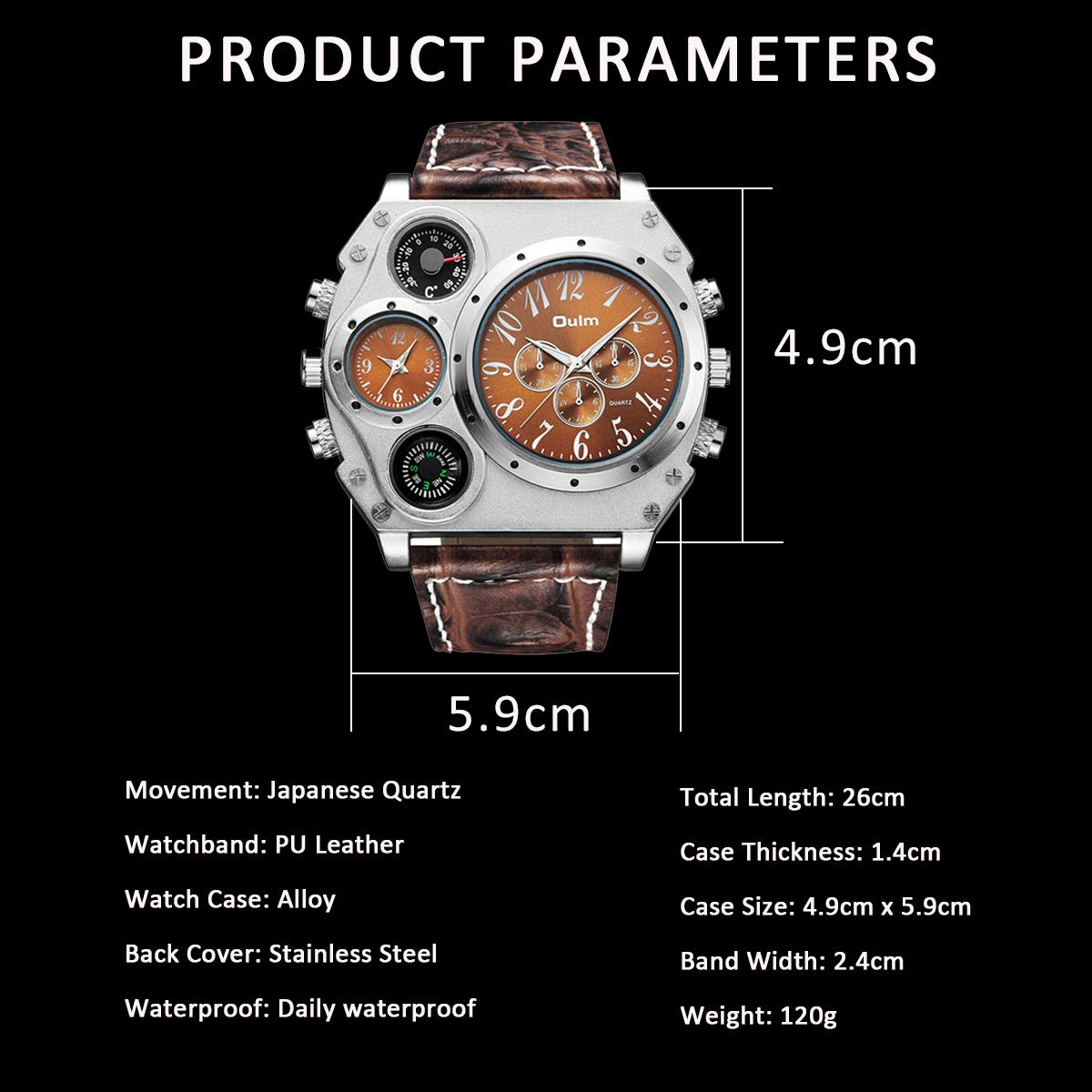 **Men's Military Wrist Watch - Large Face, Dual Time Zone, Brown Leather Strap, Analog Display - Perfect for Outdoor Adventures, Travel & Casual Wear**