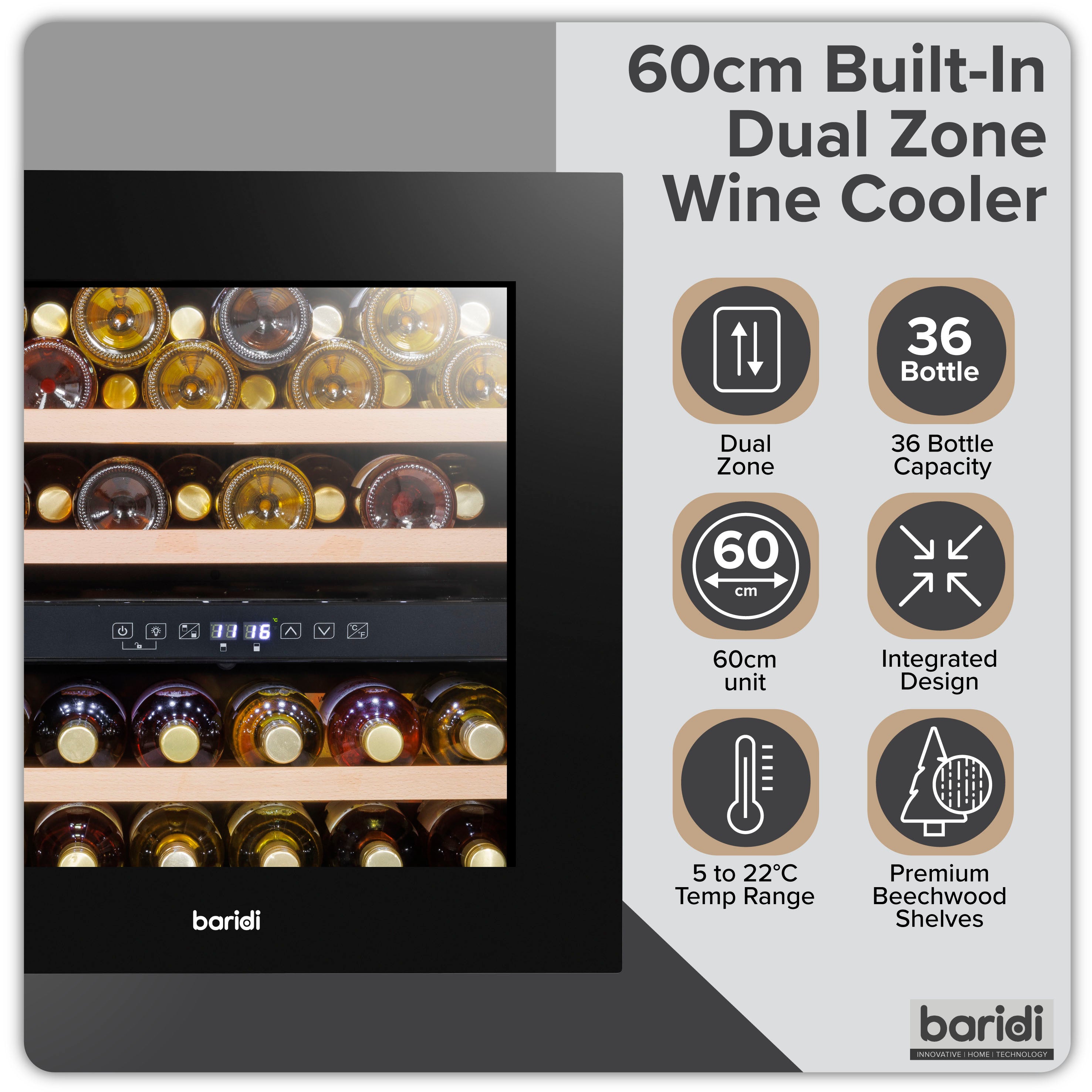 Baridi 60cm Built-In 36 Bottle Dual Zone Wine Cooler with Beech Wood Shelves - Black (DH117) | Perfect for Home Bars, Restaurants & Wine Cellars | Energy Efficient & Quiet Cooling