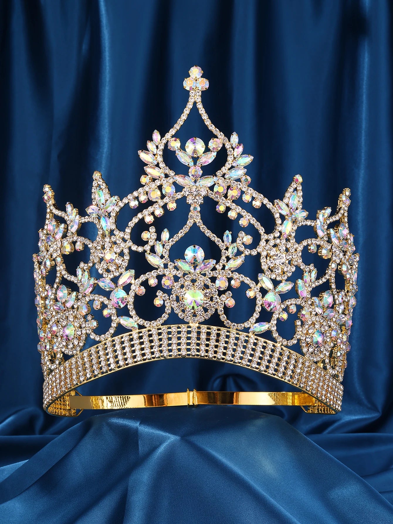 Imperial Aurora Pageant Crown - Gold Rhinestone Tiara with AB Stones for Beauty Queens, Pageants & Prom - Elegant Bridal Accessory for Weddings, Quinceañeras & Special Occasions