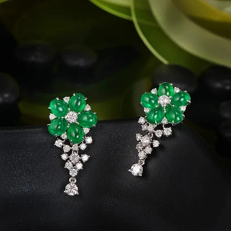 CAIMAO 18K Gold Flower Drop Earrings for Women - 3.91ctw Natural Cabochon Emeralds & 1.0ct Brilliant Cut Diamonds | Elegant Jewelry for Weddings, Parties & Special Occasions