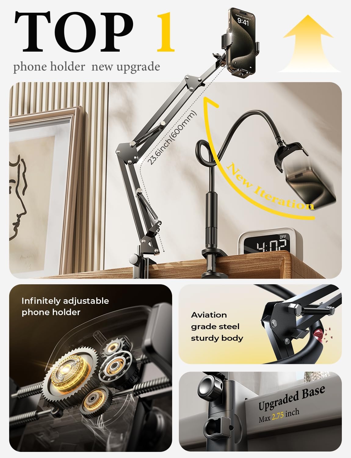 Flexible Gooseneck Phone Holder for Bed & Desk - iPhone 16/15 Stand for Watching & Filming