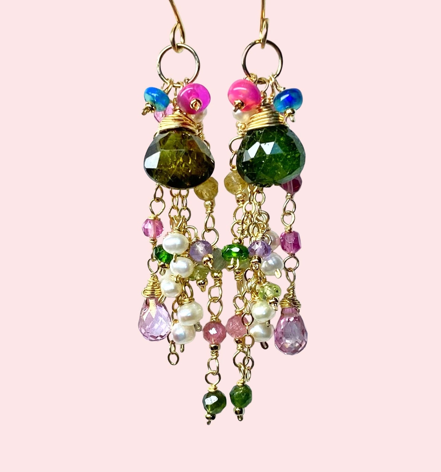 Green Tourmaline Gemstone Gold Fill Long Boho Dangle Earrings for Women – Handmade Bohemian Jewelry, Gift for Her, Perfect for Parties & Special Occasions