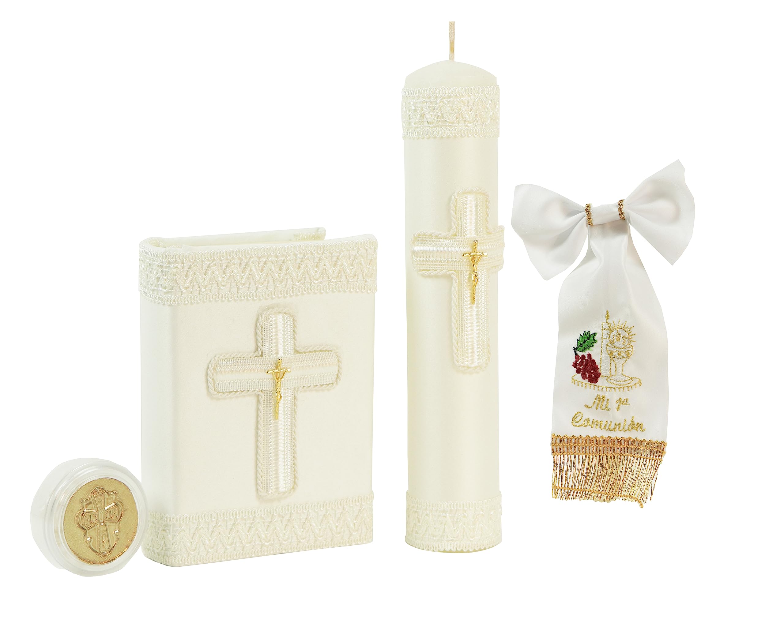 PALOMA RUBIO First Communion Candle - Spanish Cross Design in Ivory & Gold - Perfect for Catholic Baptism, Confirmation & Religious Ceremonies