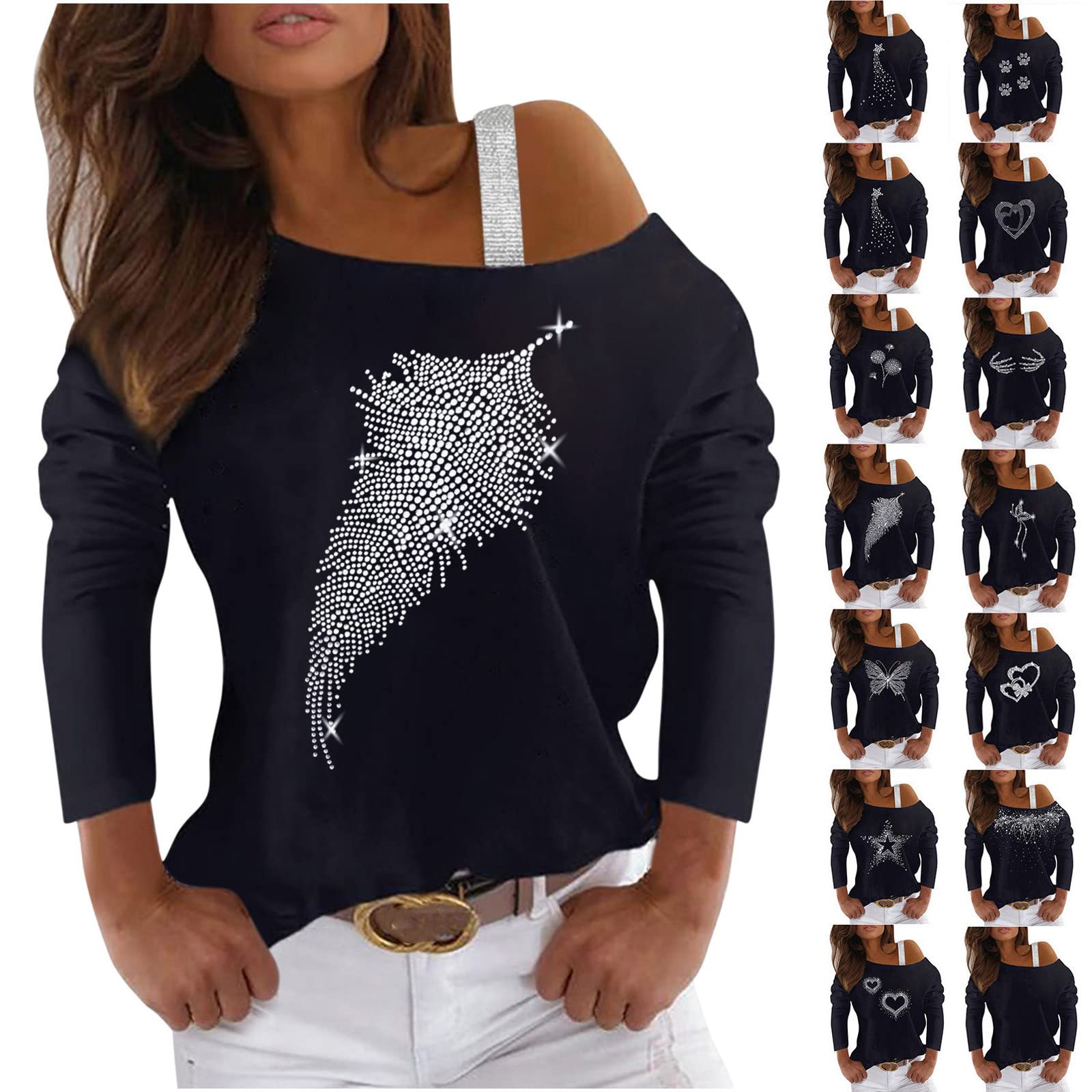 Women's Shiny Sequin Blouse - Off Shoulder Trendy Pullover Tunic Top with Long Sleeves & Diamond Details | Perfect for Party Wear, Night Out & Special Occasions