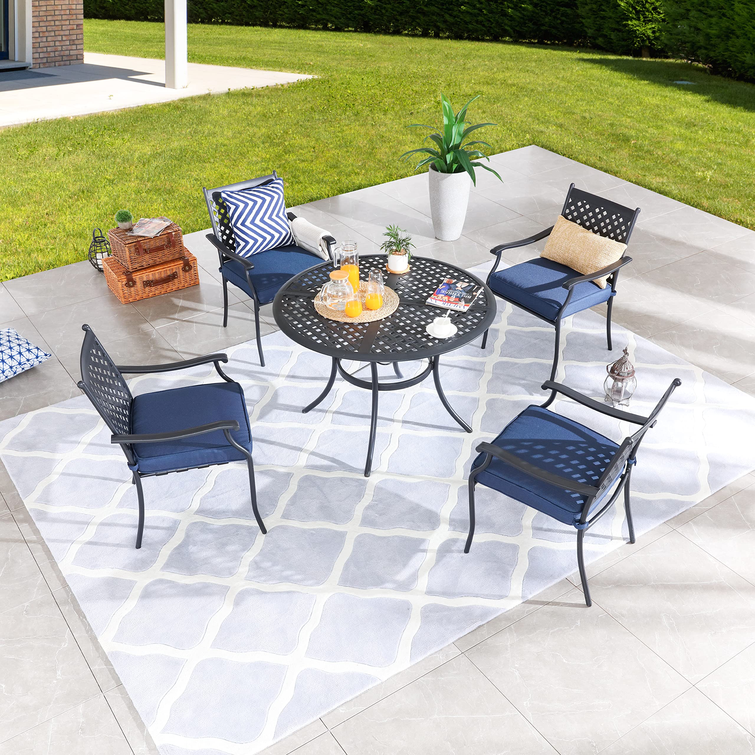 LOKATSE HOME 5-Piece Outdoor Patio Dining Set - Metal Table with Umbrella Hole & Cushioned Iron Chairs, Blue - Perfect for Backyard, Garden, and Poolside Relaxation