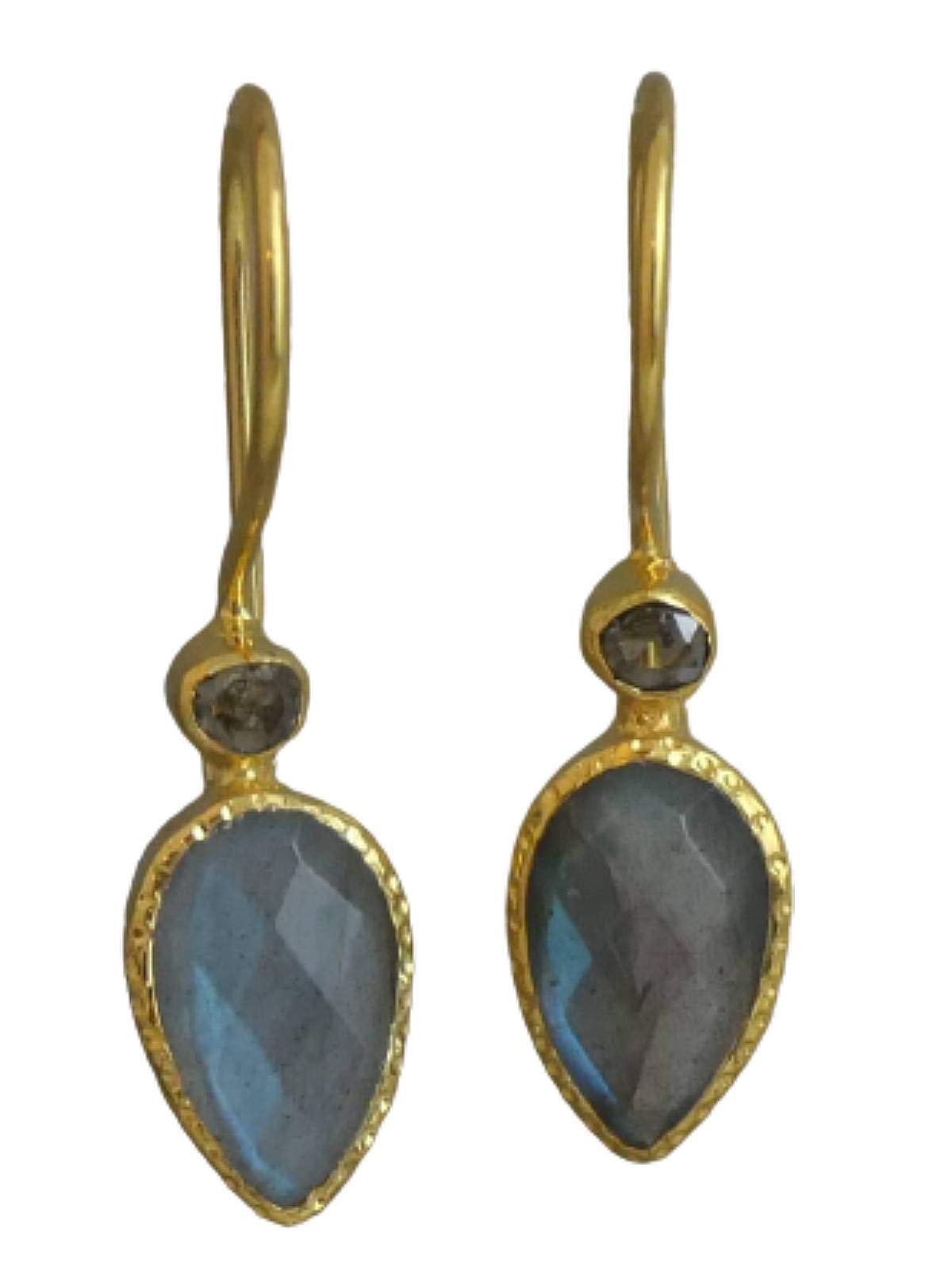 Labradorite and Diamond Gold Plated Sterling Silver Drop Earrings | Natural Gemstone Jewelry for Women | Handmade Birthday, Valentine's & Mother's Day Gift | Elegant Evening Wear & Special Occasion Accessories