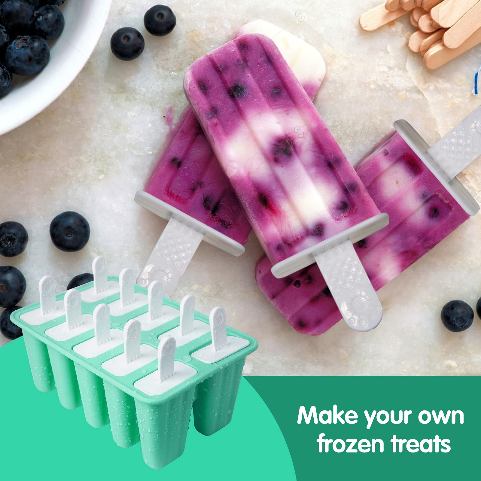 Meajore 10 Cavity BPA Free Silicone Popsicle Molds - Reusable Ice Pop Maker for Homemade Frozen Treats, Perfect for Summer Snacks, Kids Parties & Healthy Desserts (Green)