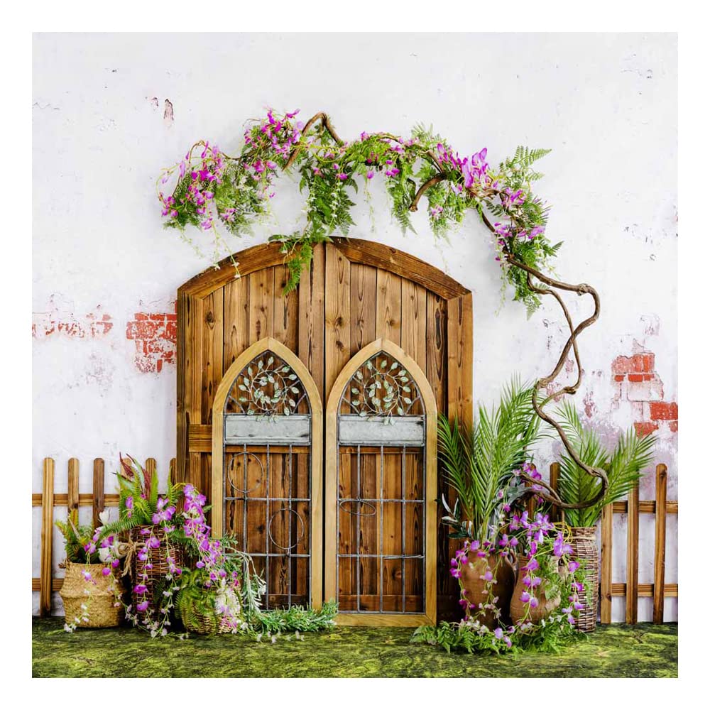 10x10ft Spring Flowers Photography Backdrop - Wood Door & Green Grassland Background for Portraits, Newborn, Easter, and Spring-Themed Photo Shoots