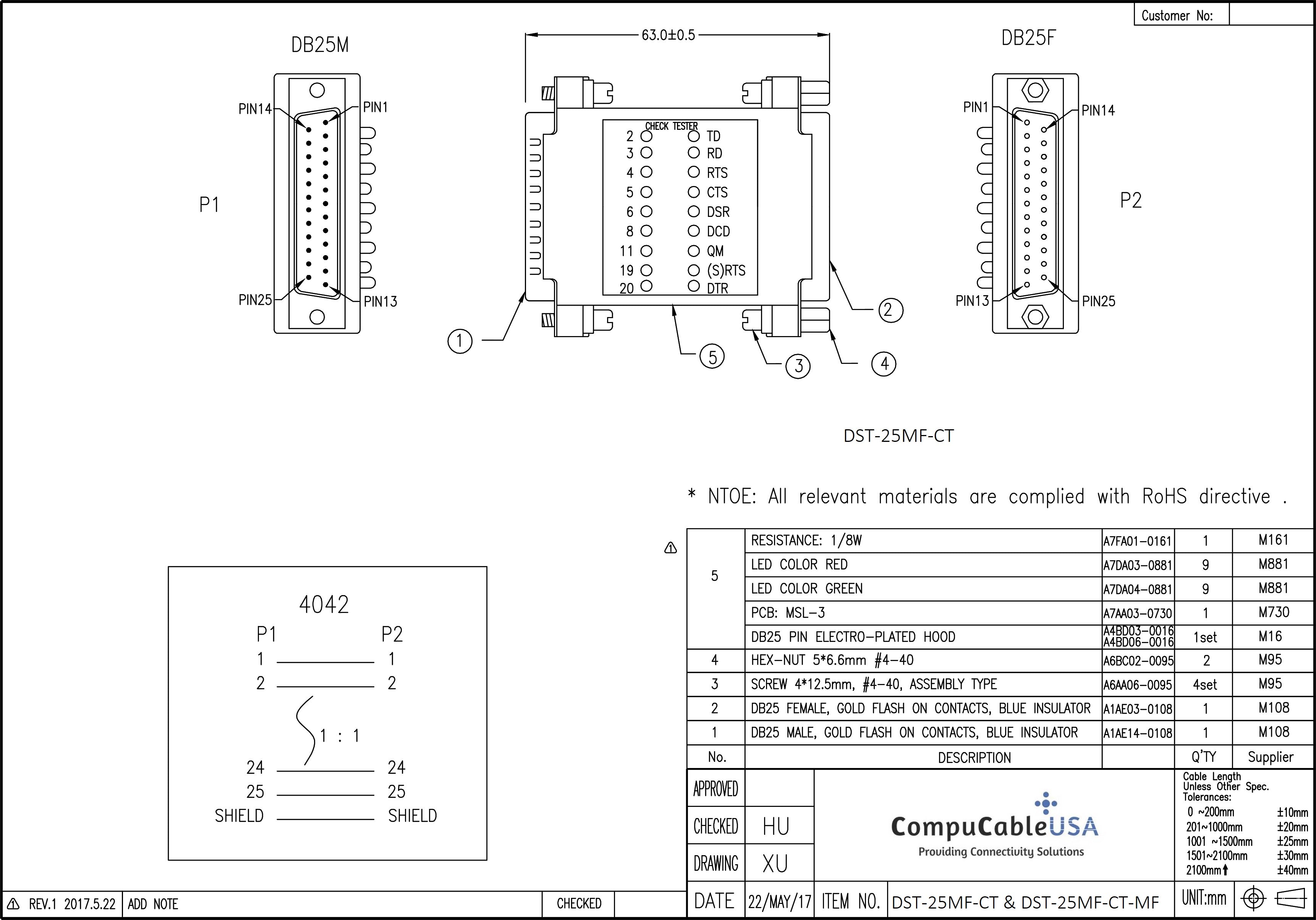 RS 232 Serial Loopback Tester with Green/Red LED Indicators - DB25 Male to Female Connector (1 Pack) - Perfect for Network Testing, Hardware Debugging & IT Maintenance