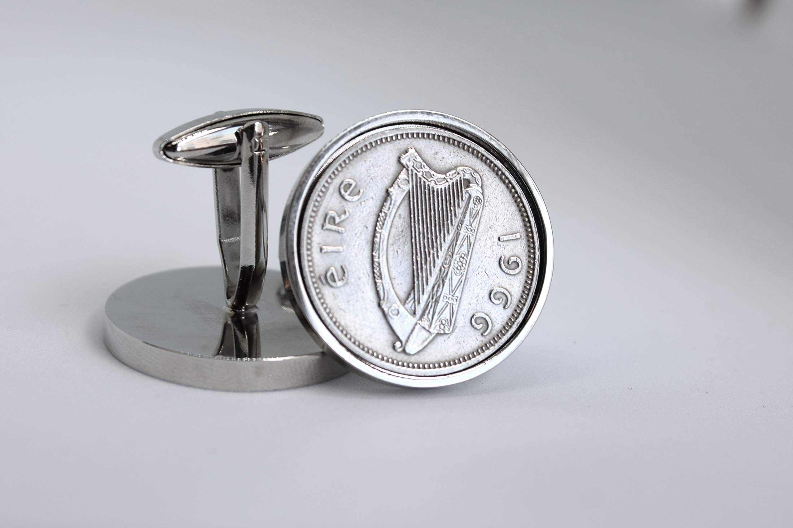 1966 Irish Shilling Cufflinks - Rhodium Plated Elegant Cuff Links for Men - Perfect Birthday Gift for 1966 Born & St. Patrick's Day Celebration