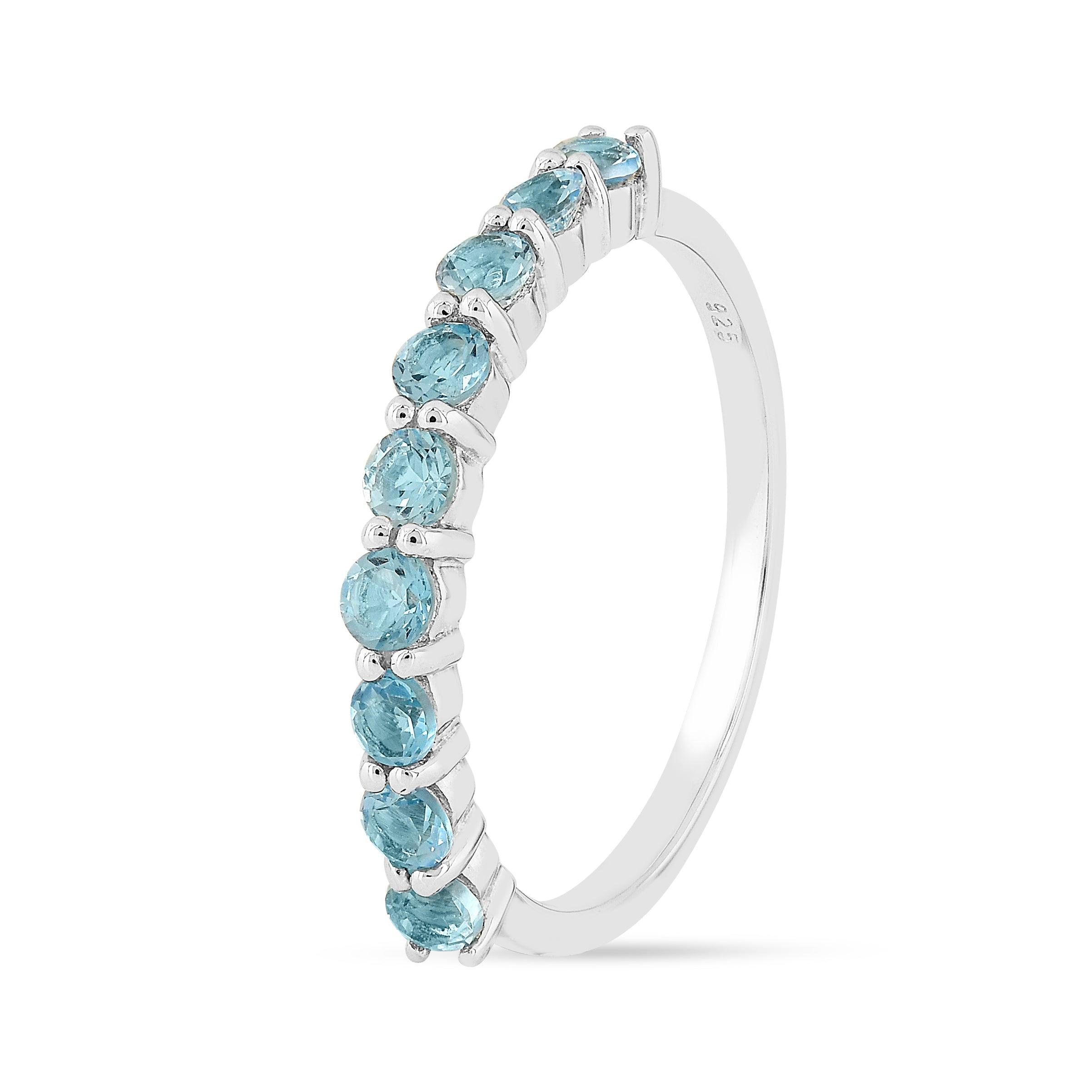 Blue Topaz Half Eternity Ring for Women - Sterling Silver Stackable Wedding Band, Anniversary Gift for Her - Perfect for Bridal Jewelry, Date Night & Special Occasions