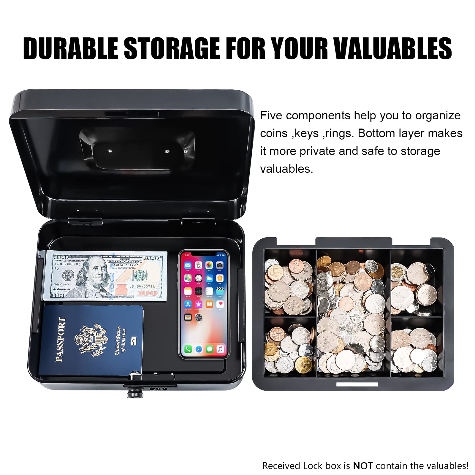 KYODOLED Large Cash Box with Combination Lock - Heavy Duty Metal Money Safe Box with Removable Tray, 9.84