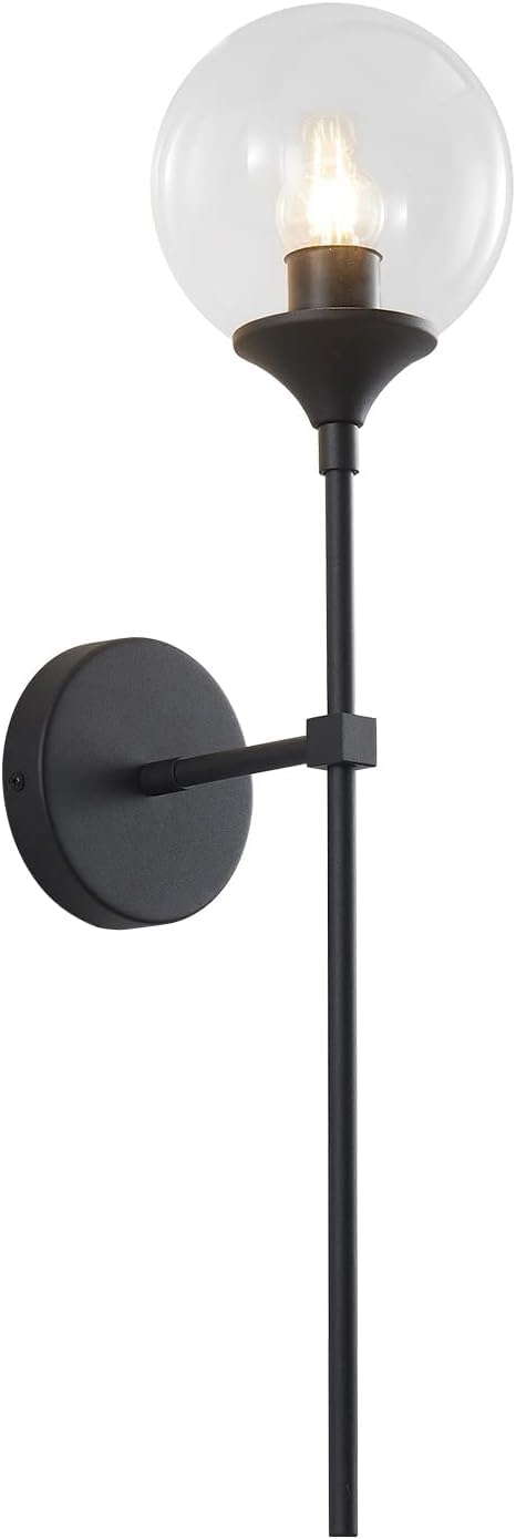 Vintage Mid Century Black Wall Sconce with Clear Glass Globe - Minimalist Slim Wall Mounted Lamp for Hallway Lighting, Staircase Illumination, Bathroom Mirror Light & Bedroom Ambience