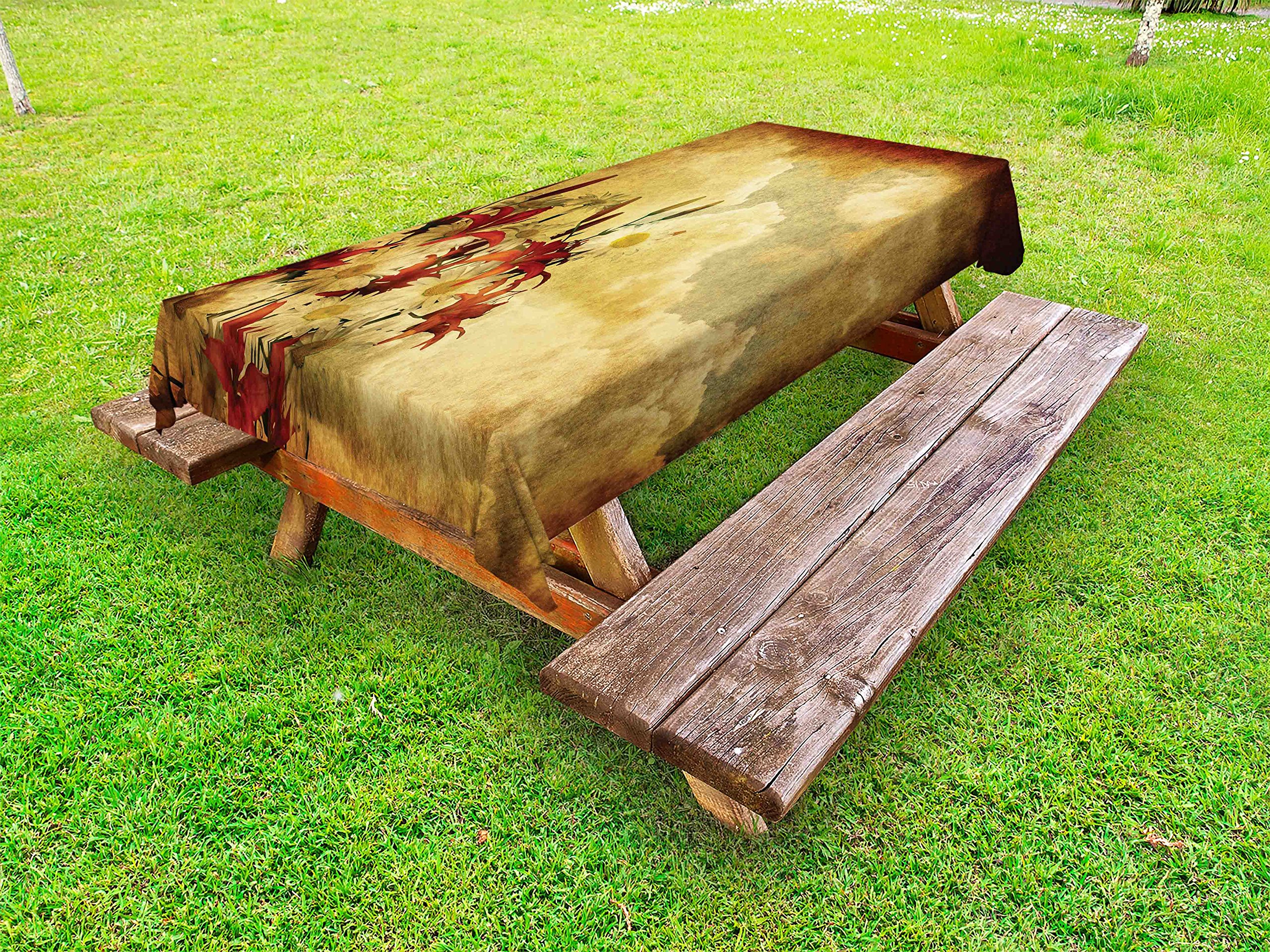 Ambesonne Burnt Orange Outdoor Tablecloth - Double Exposure Retro Floral Cloud Design, Washable Picnic Table Cover 58x120 Inches - Perfect for Garden Parties, BBQs, and Outdoor Dining (Tan Orange)
