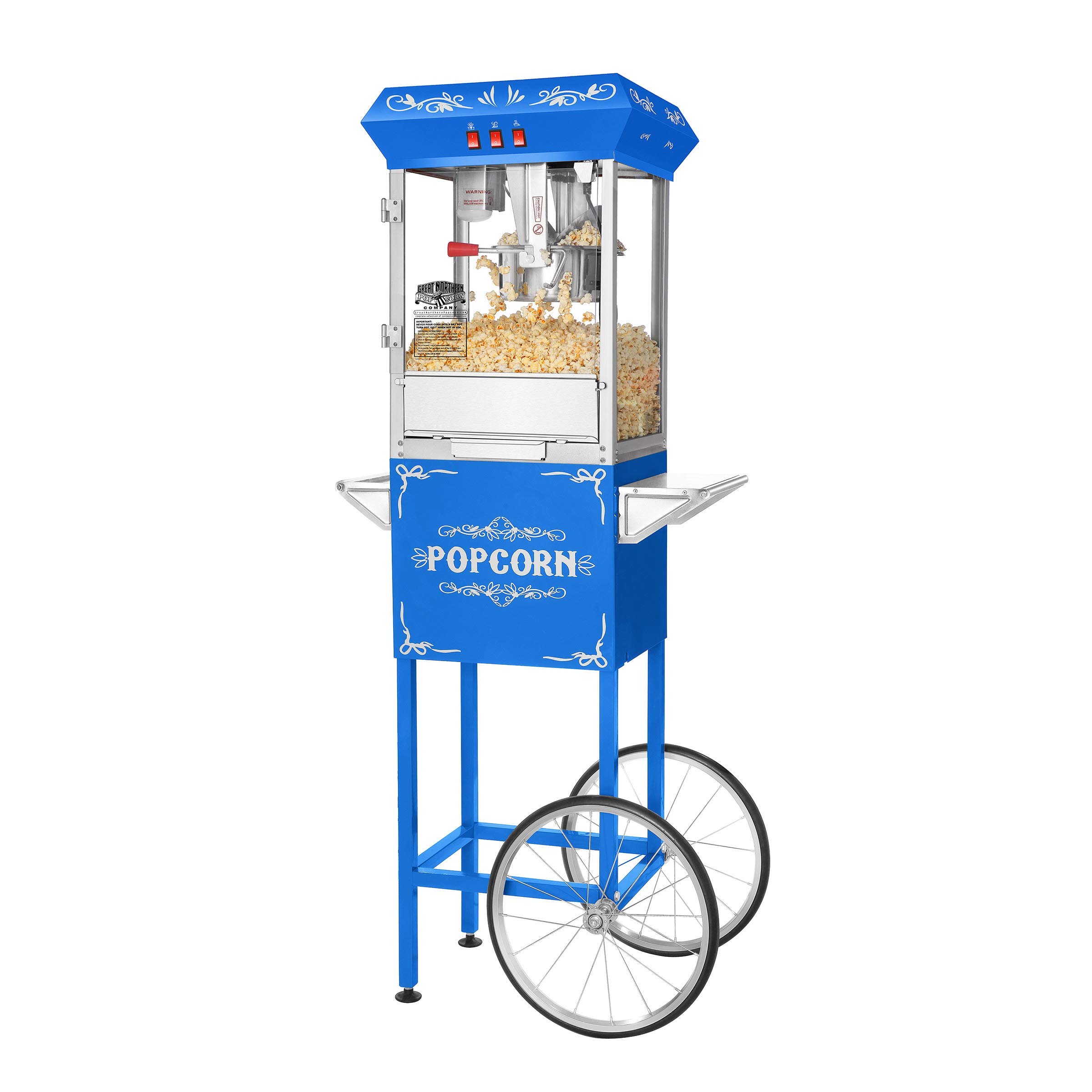 Great Northern Popcorn Commercial 8oz Popcorn Machine with Cart - Stainless Steel Kettle, Warming Light & Accessories - Perfect for Movie Nights, Parties & Concession Stands (Blue)