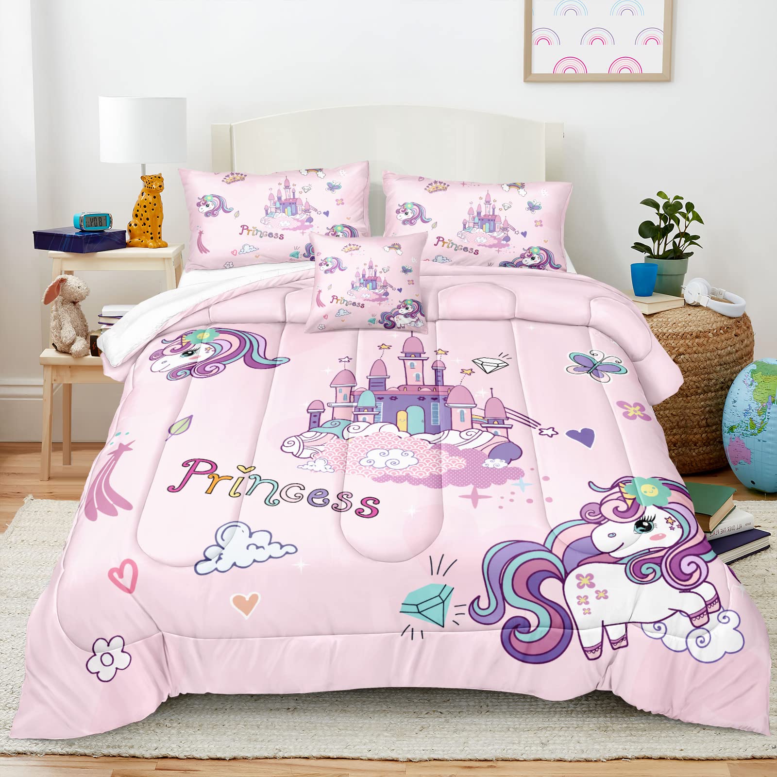 Magical Unicorn Comforter Set for Girls - Pink Rainbow Castle Design Queen Size Bedding with 1 Comforter, 2 Pillowcases & 1 Cushion Cover - Cute Kids Room Decor for Princess Themed Bedrooms & Sleepovers