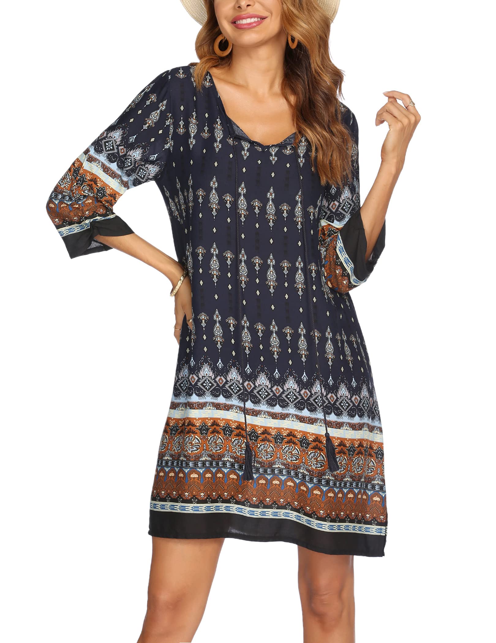 Zeagoo Women's Bohemian Floral Print 3/4 Sleeve Summer Casual Dress - Beach Cover Up, Vacation Outfit, Lounge Wear for Ladies
