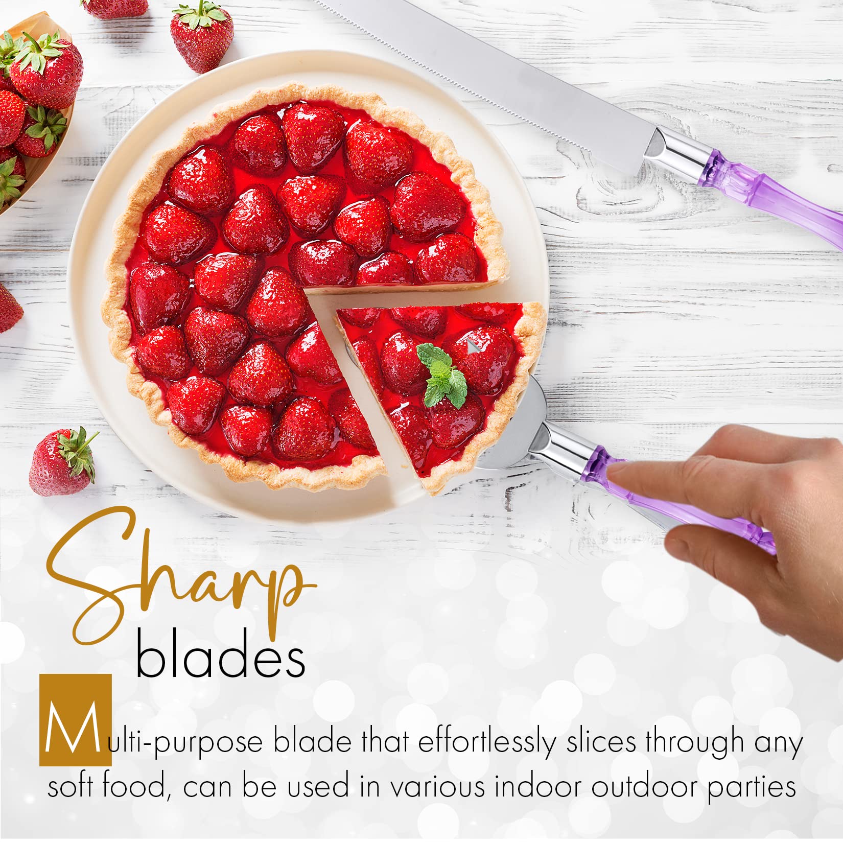 Premium Acrylic Crystal Handle Cake Knife and Server Set - Elegant Cake Cutter & Pie Spatula for Wedding, Birthday, Party Desserts (Purple Silver) - Perfect for Cake Cutting Ceremonies, Buffet Serving & Special Occasions