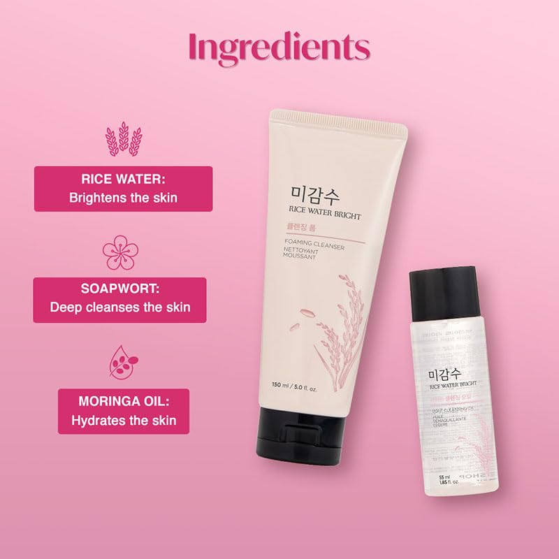The Face Shop 2 Step Rice Water Bright Kit - Foaming Face Wash 100ml & Cleansing Oil 55ml for Glowing Skin | Korean Skincare Set for Dullness, Dark Spots | Perfect for Morning & Night Routine