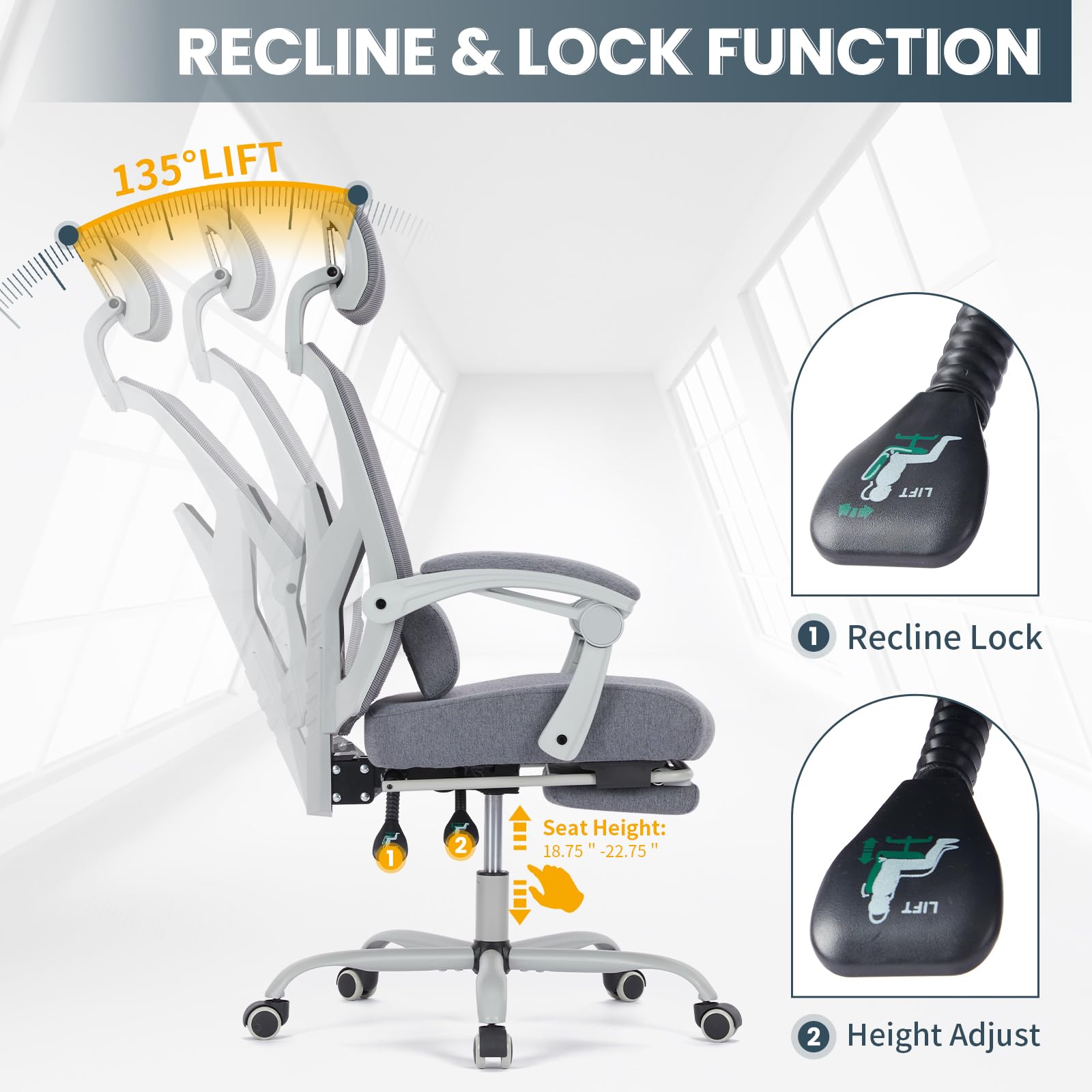Ergonomic Office Chair with Wheels - Adjustable Headrest & Lumbar Support, Soft Armrests for Computer Desk - Perfect for Home Office, Gaming, and Long Work Sessions