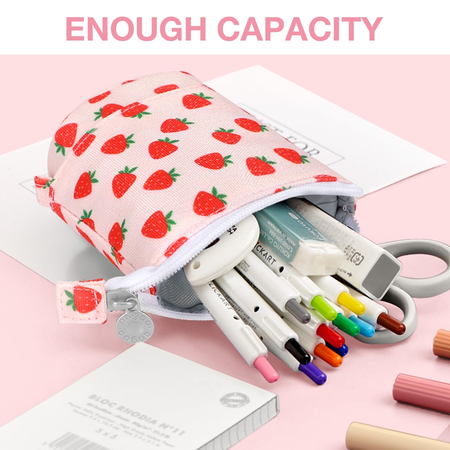 Kawaii Standing Pencil Case for Kids - Bubble Tea Pen Holder & Makeup Pouch (Strawberry) for School & Office
