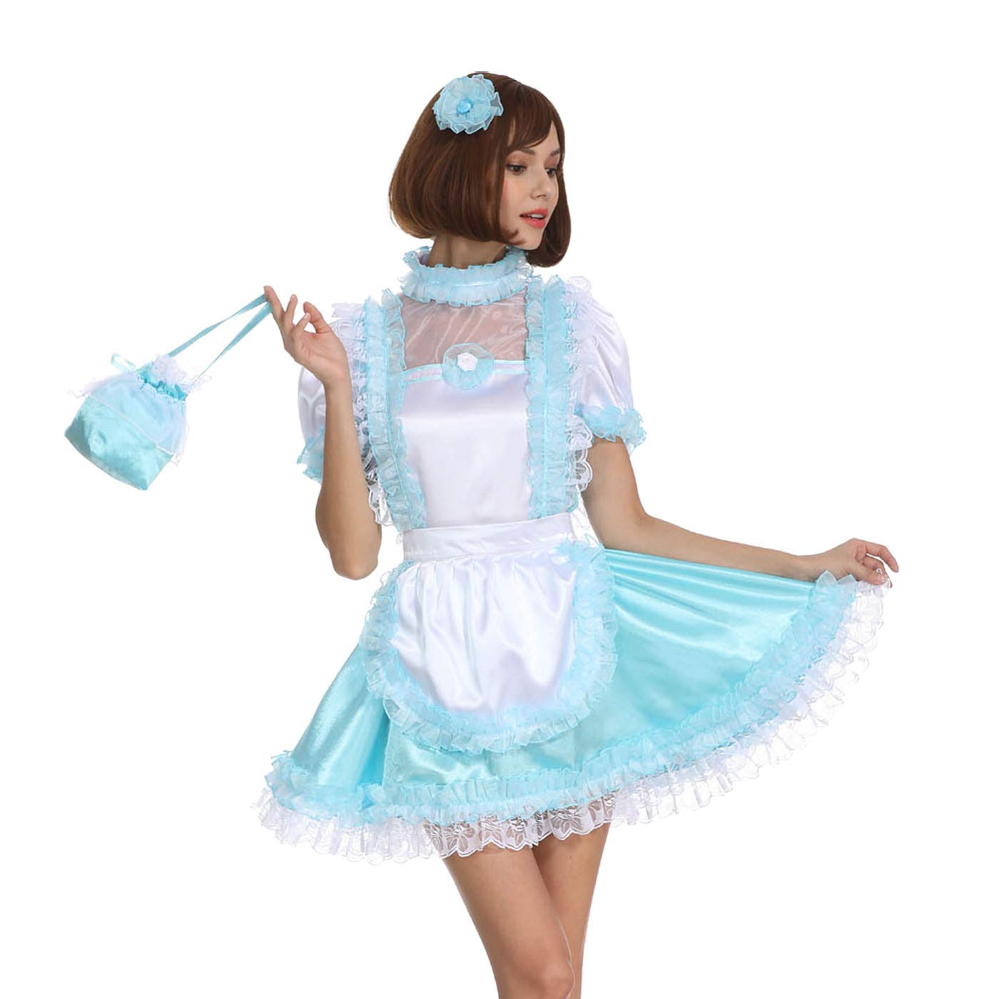 Elegant Pale Blue & White Satin Maid Dress with Ruffled Sleeves - Women's Crossdress Costume for Cosplay, Halloween, and Themed Parties