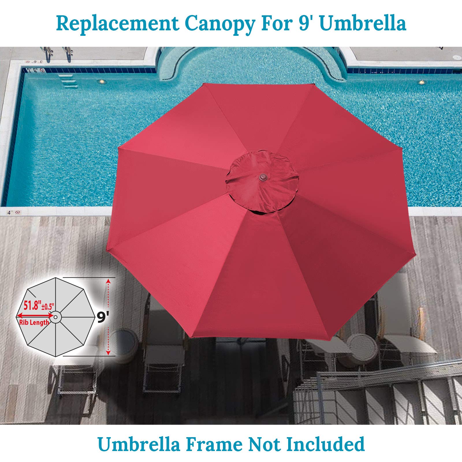 BenefitUSA 9ft 8-Rib Patio Umbrella Replacement Canopy Cover - Burgundy Red for Outdoor Dining, Poolside Lounging & Garden Shade