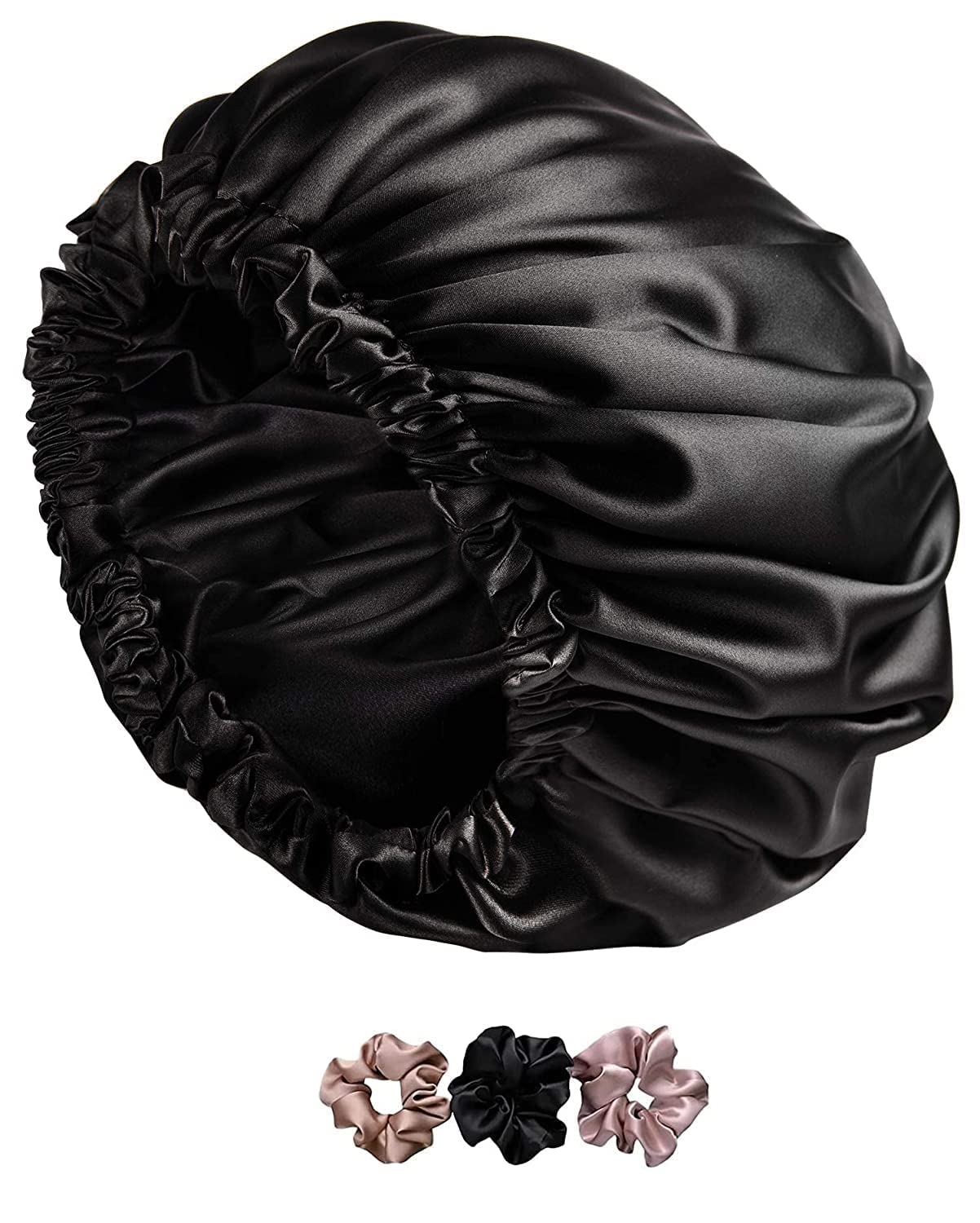 UVII Silk Hair Cap with 3 Satin Scrunchies - Adjustable Bonnet for Curly Hair, Sleeping & Slipping Prevention - Perfect for Nighttime Hair Care & Travel Accessories