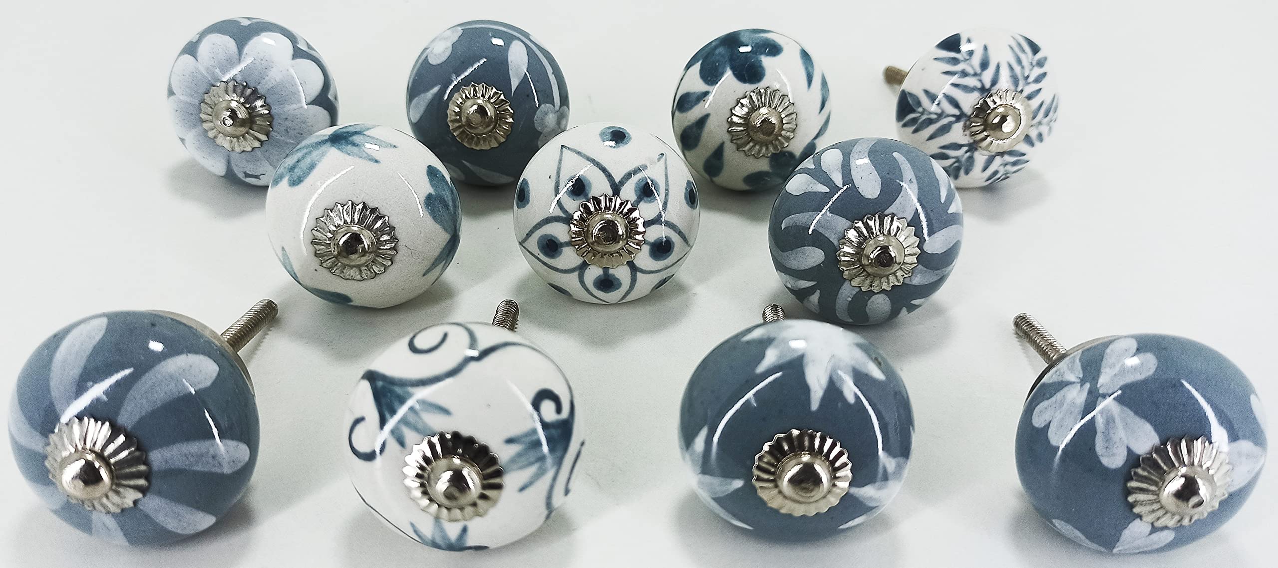 Vintage Ceramic Cabinet Knobs Set of 10 - Chrome Hardware Drawer Pulls for Kitchen & Bathroom Cabinets - New Grey Cupboard Door Handles - Durable Home Decor Upgrade for Dressers, Wardrobes & Furniture