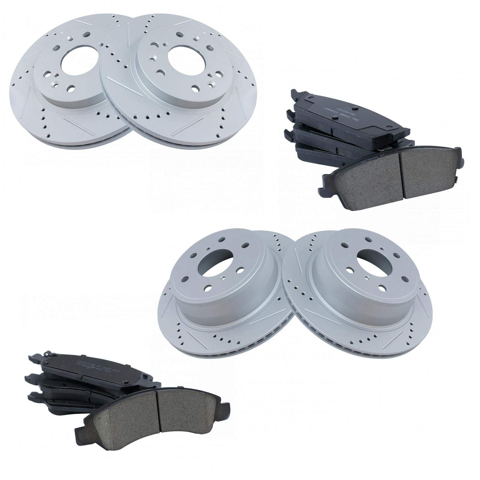 TRQ Front & Rear Performance Drilled & Slotted Brake Rotors & Posi-Quiet Ceramic Brake Pads Kit - High-Performance Braking for Cars, Trucks & SUVs - Perfect for Racing, Towing & Daily Driving