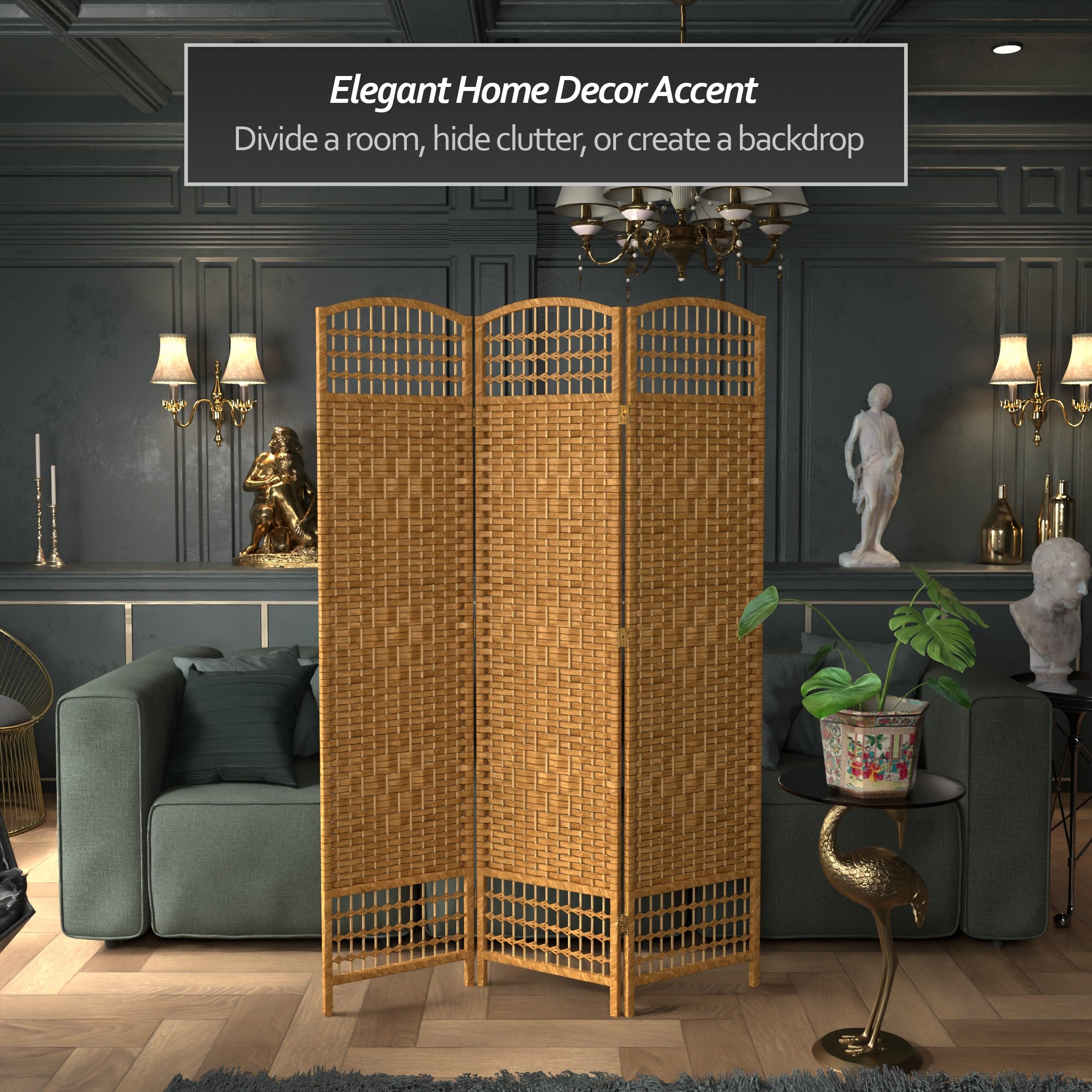 5.5 ft Tall Red Lantern Fiber Weave Light Beige 3-Panel Room Divider - Asian Inspired Decorative Screen for Living Room, Bedroom, or Office Privacy
