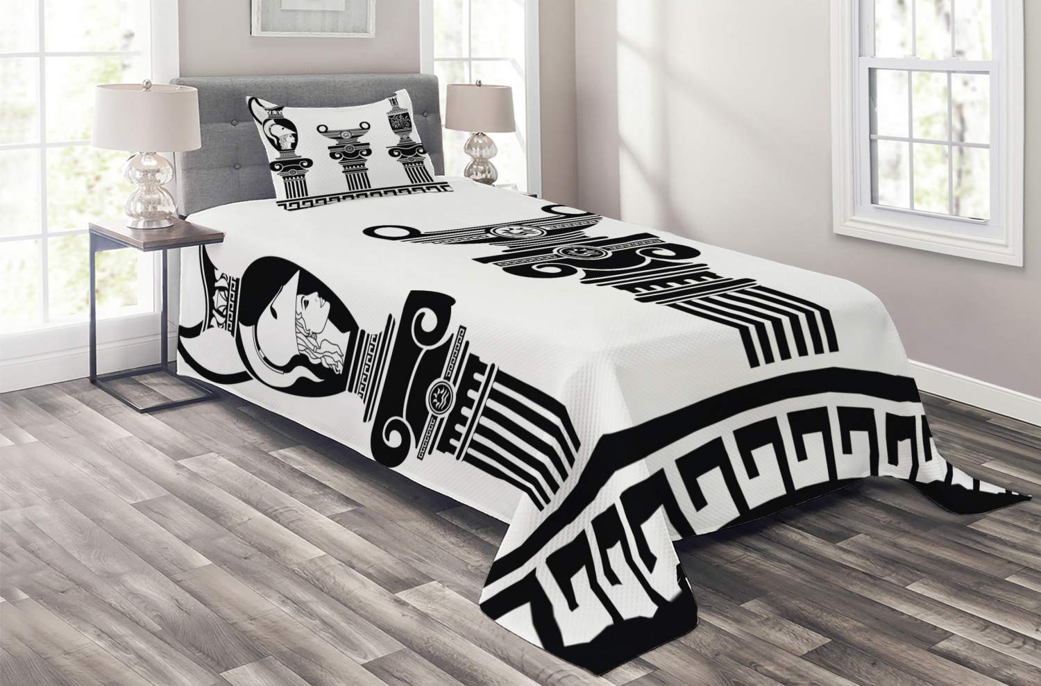 Ambesonne Retro Coverlet Set - Hellenic Vases & Ionic Columns Design, Ancient Greek Amphora Pattern, 2-Piece Quilted Bedspread with Pillow Sham, Twin Size Black & White - Perfect for Vintage Home Decor, Guest Room or Mediterranean Style Bedroom
