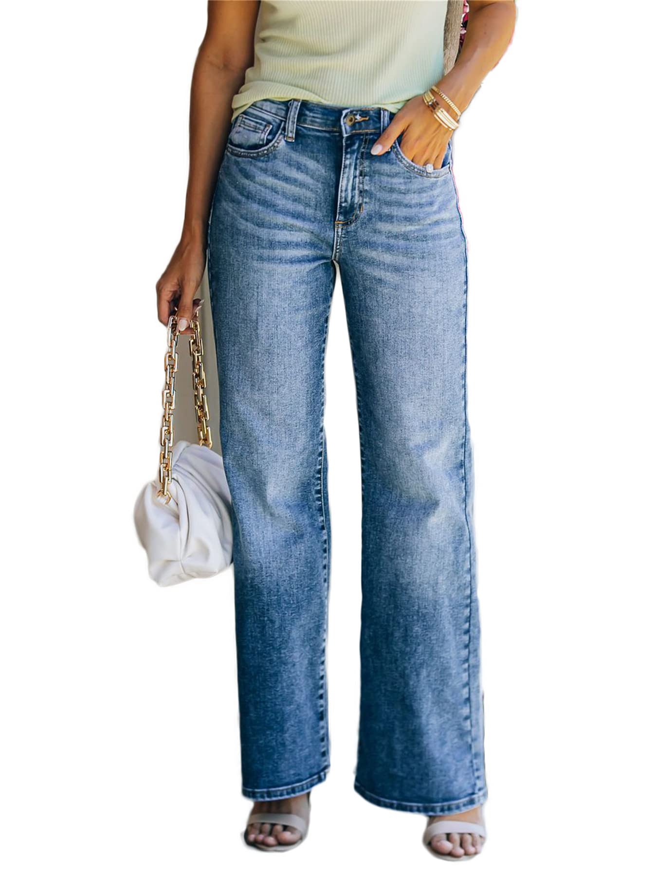 Andongnywell Women's Washed Straight Leg Jeans - Mid Rise Boyfriend Denim Pants for Casual Wear, Work & Everyday Outfits