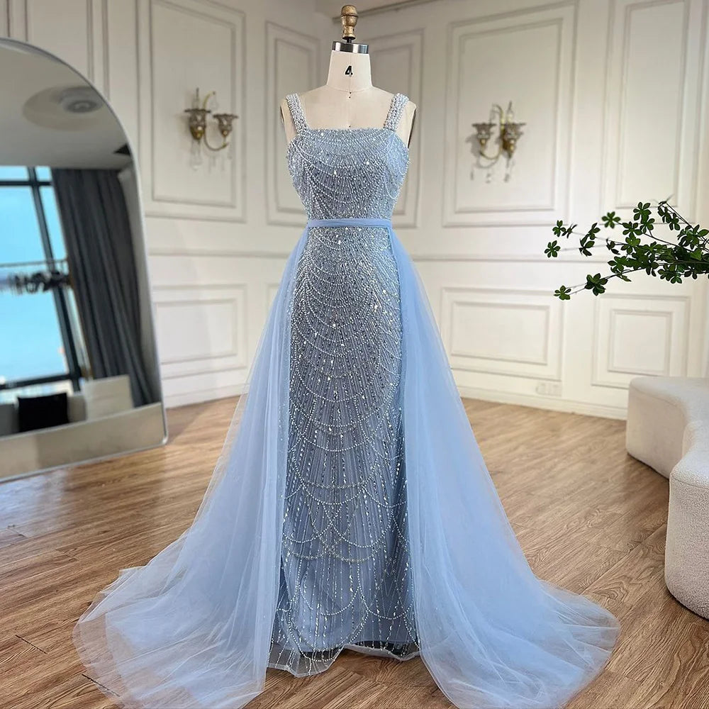 Serene Hill Turquoise Mermaid Beaded Pearls Spaghetti Strap Floor Length Evening Gown - Women's Formal Party Dress for Prom, Wedding, Gala & Special Occasions 2025 LA72032C