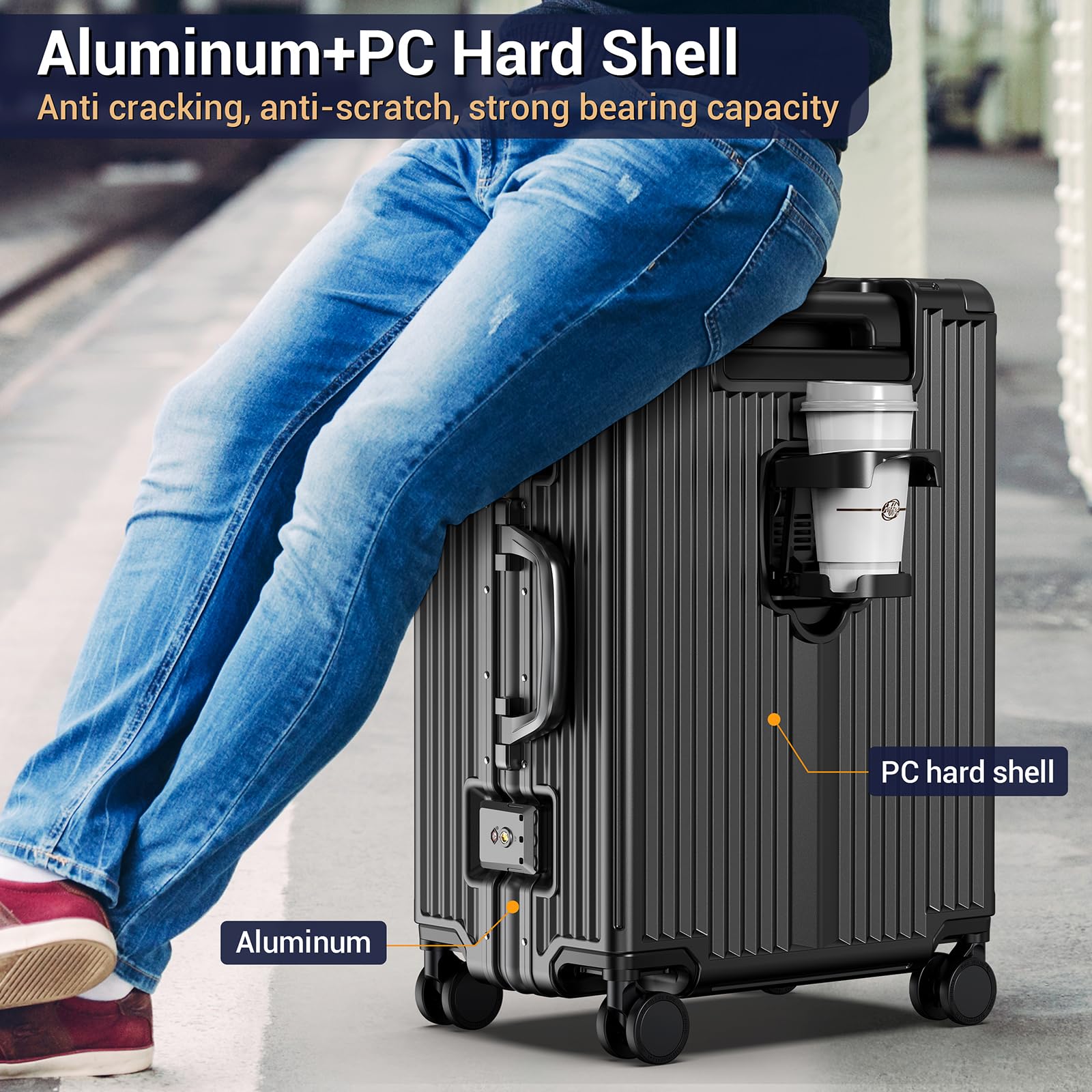 TSA Approved Expandable Carry On Luggage with USB Charging Port & Front Pocket - Lightweight Airline Approved Suitcase for Business Travel & Weekend Getaways (Black)