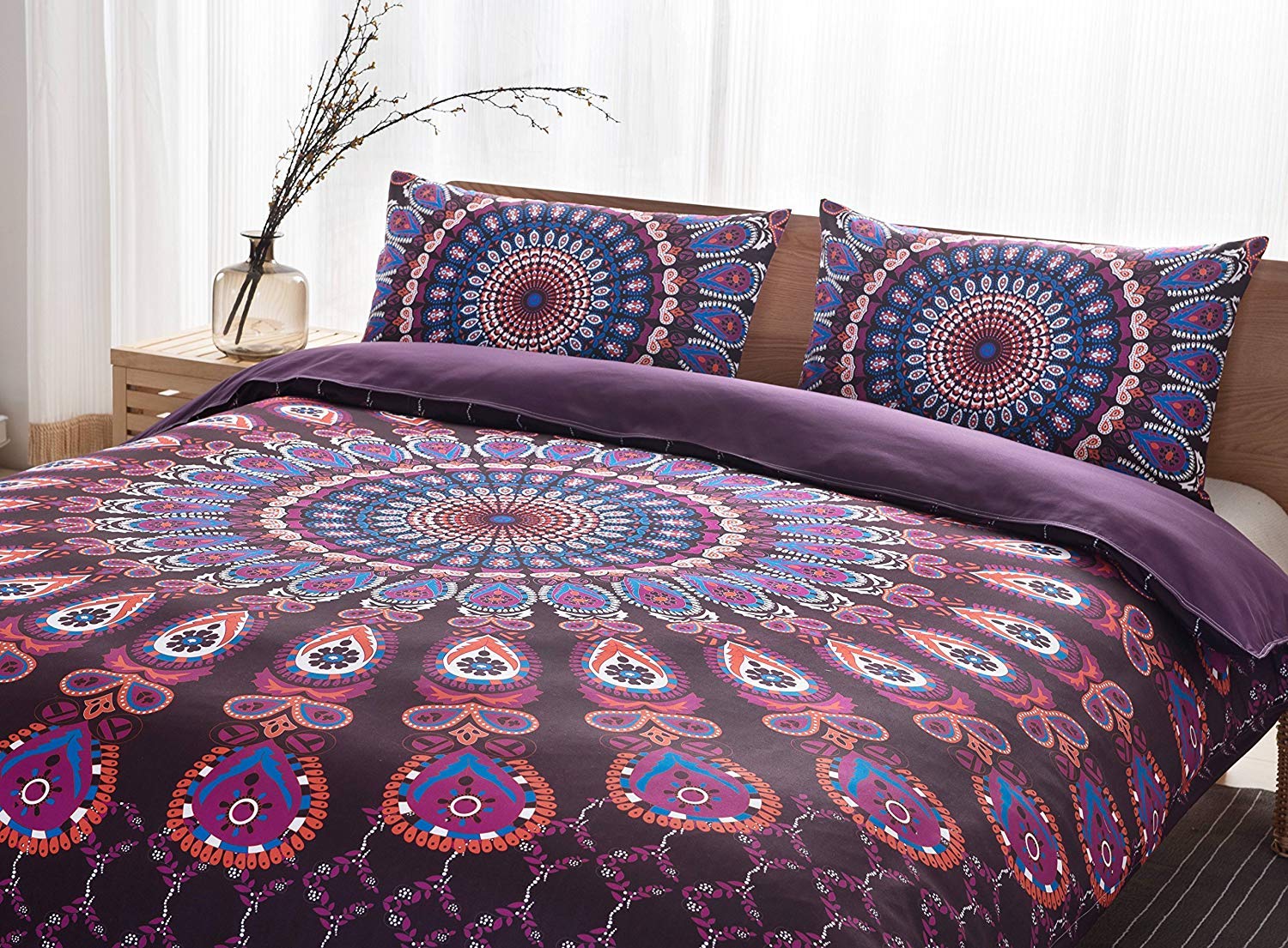 Boho Bohemian Bedding Set Full Size - 3 Piece Peacock Feather Duvet Cover, Quilt & Bedspread for Boho Chic Bedroom Decor | Perfect for Guest Rooms, Dorm Rooms & Bohemian Style Homes