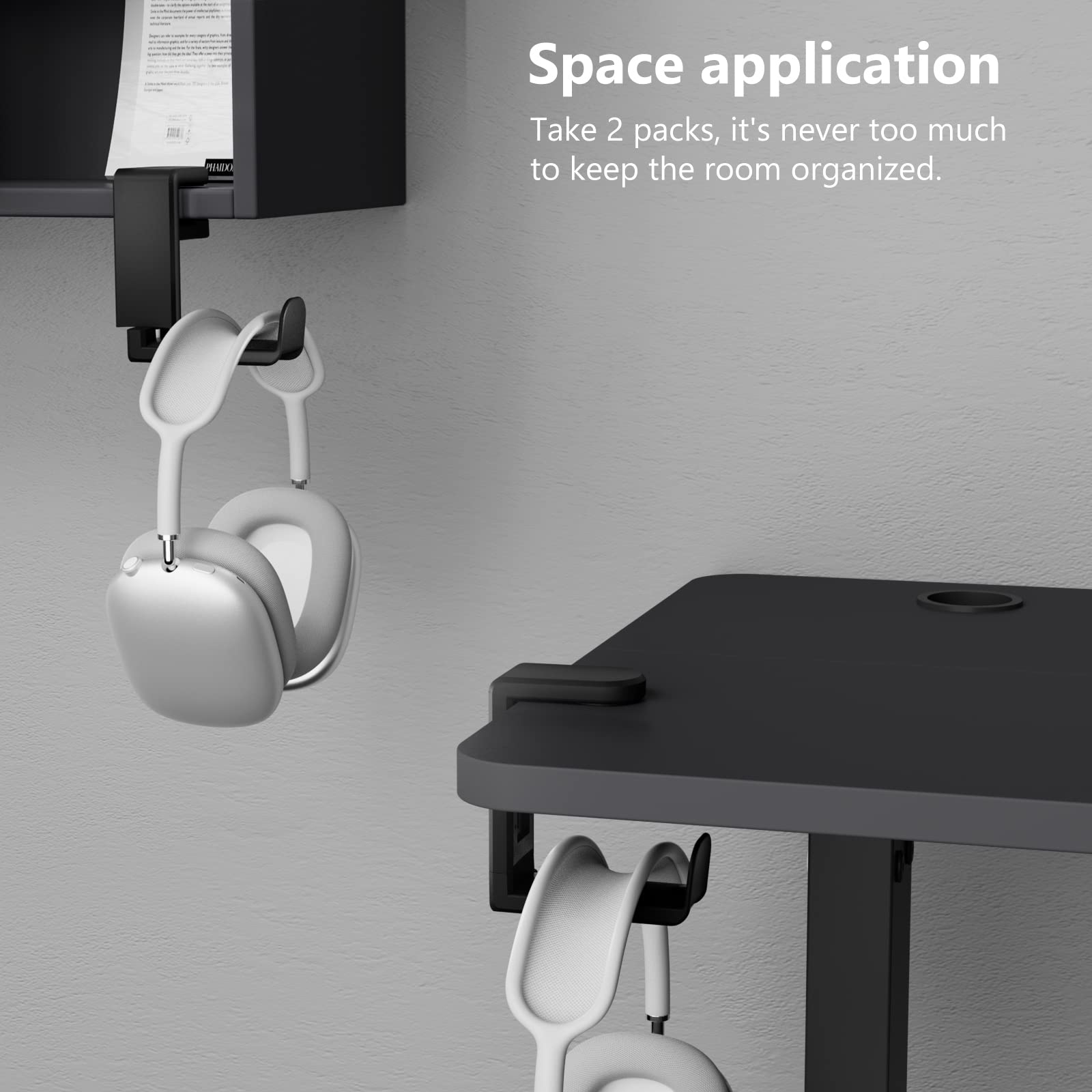 360° Swivel Adjustable Clamp-on Headphone Stand with Cable Organizer - 2 Pack Black Under Desk Gaming Headset Holder for PC, PS5, Xbox - Perfect for Home Office & Gaming Setup