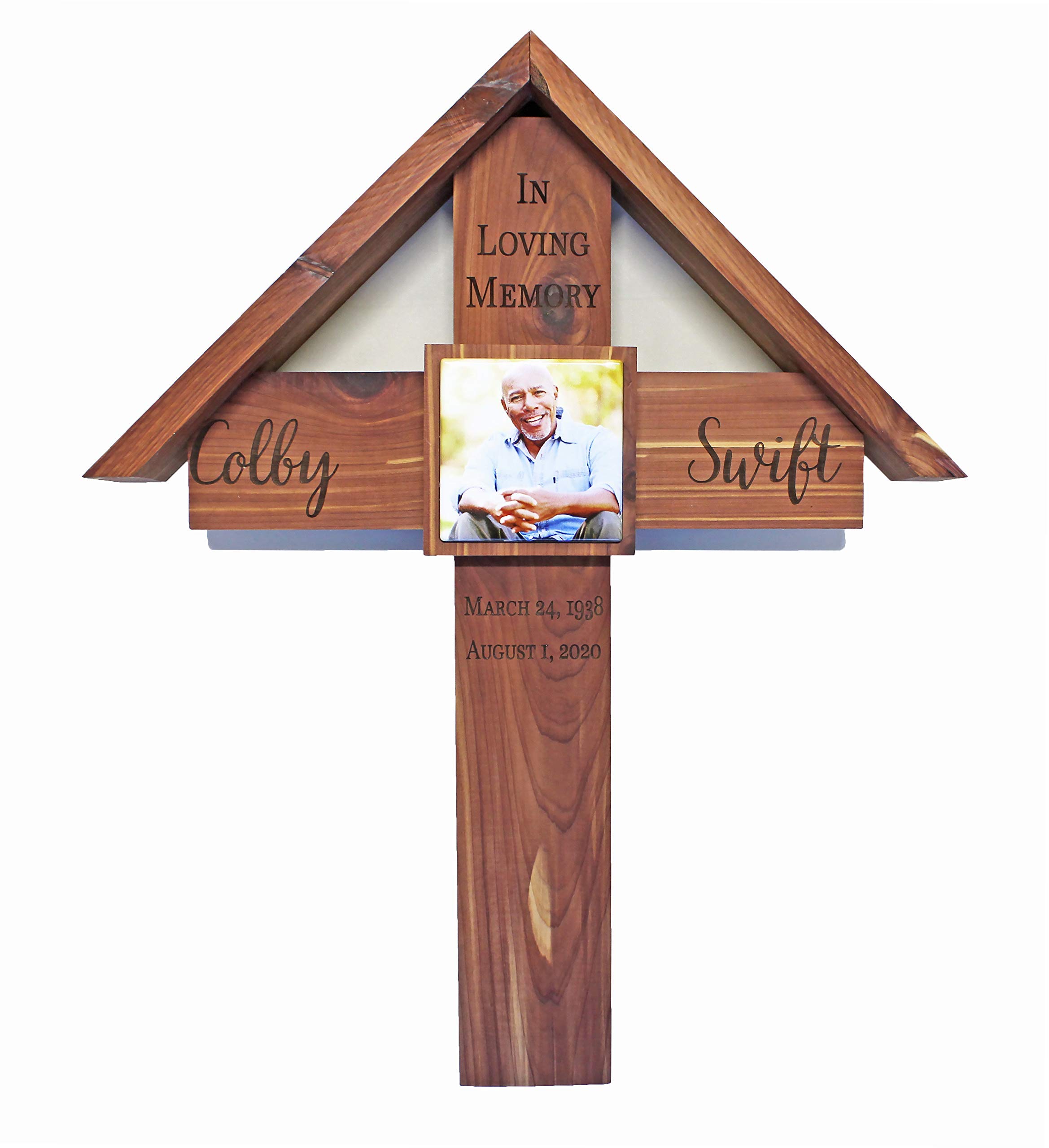 Personalized Memorial Cross with Roof - Engraved Keepsake for Loved Ones | Perfect for Graveside Remembrance & Home Memorial Displays