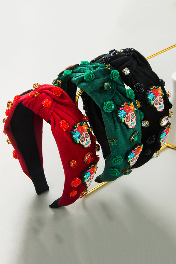 Halloween Skull Rhinestone Hair Clip with Fabric Roses - Gothic Hair Accessory for Costume Parties & Cosplay