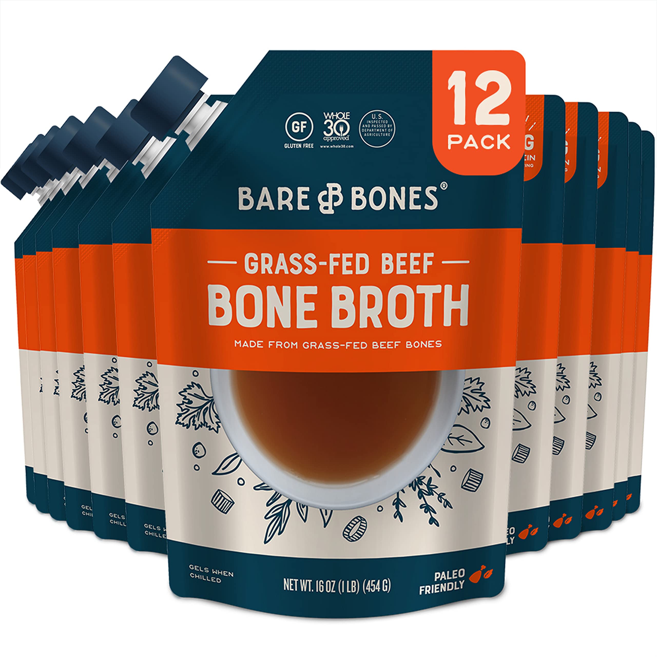 Bare Bones Grass-Fed Beef Bone Broth - 16oz (Pack of 12) | High Protein & Collagen | Keto, Paleo & Whole30 Approved | Perfect for Cooking, Sipping & Meal Prep | Gluten-Free & Nutrient-Rich Stock for Soups, Stews & Wellness Drinks