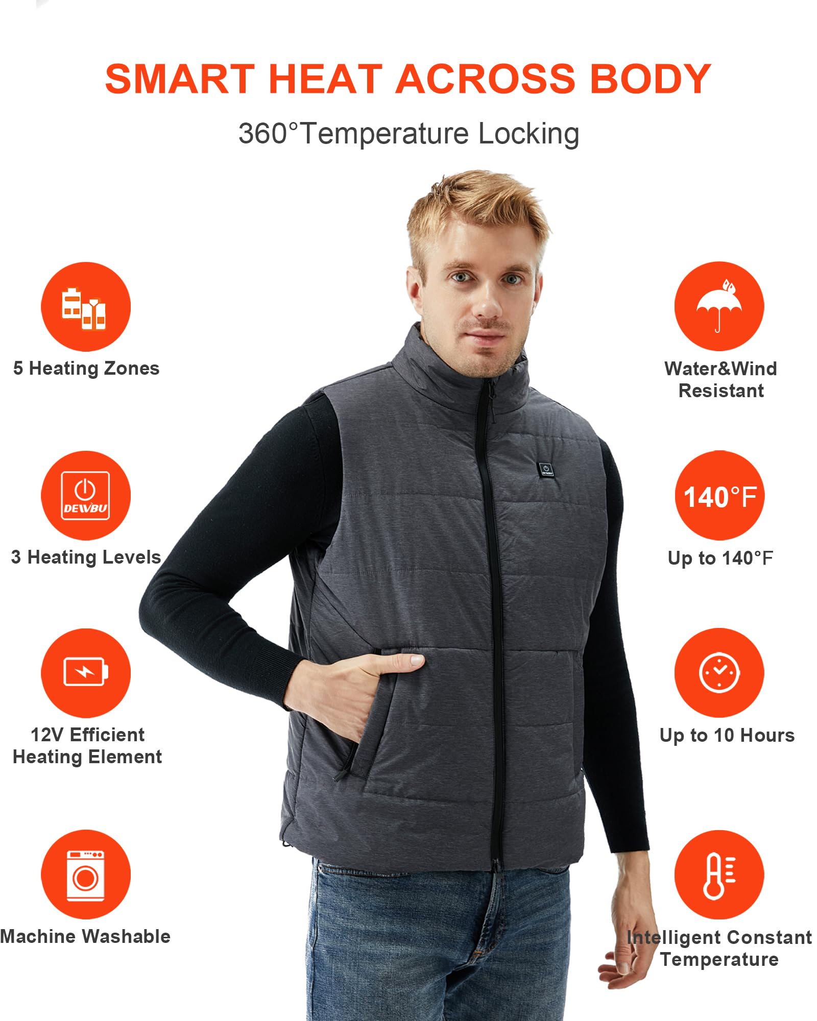 DEWBU 12V Heated Vest for Men - Lightweight Battery-Powered Heated Jacket with Multiple Power Options - Ideal for Outdoor Work, Hiking & Winter Sports