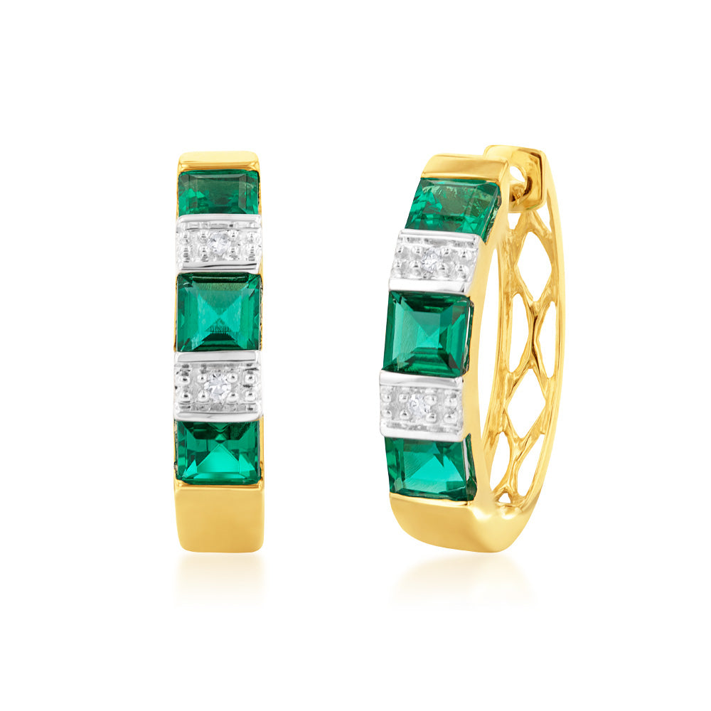 9ct Gold Created Emerald and Diamond Huggie Earrings for Women - Perfect for Weddings, Parties & Everyday Elegance